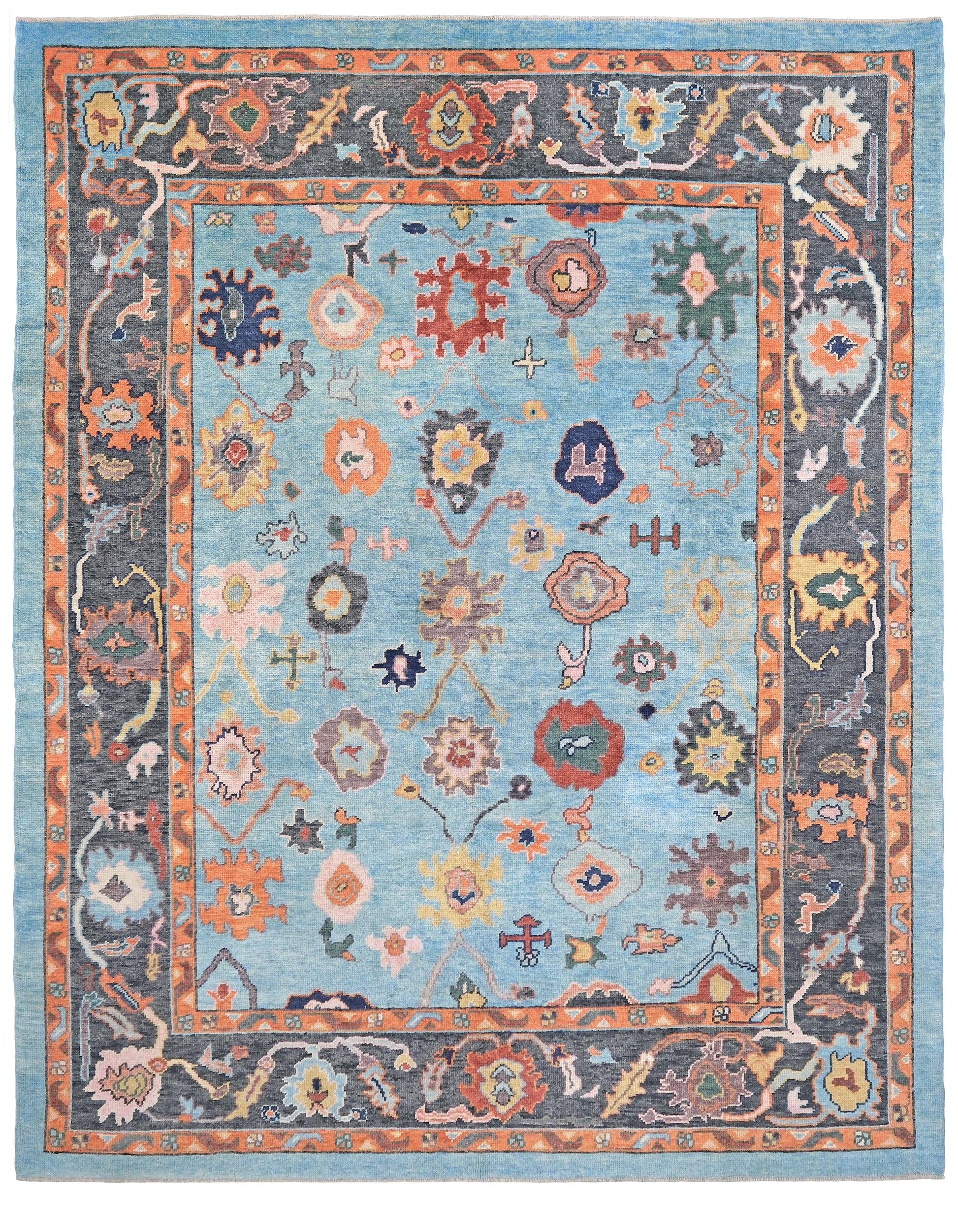 Pale turquoise Turkish Oushak rug with charcoal border, coral orange framing, and colorful abstract floral motifs, hand-knotted wool 8x10 area rug from Indigo Rugs Burlingame Bay Area.
