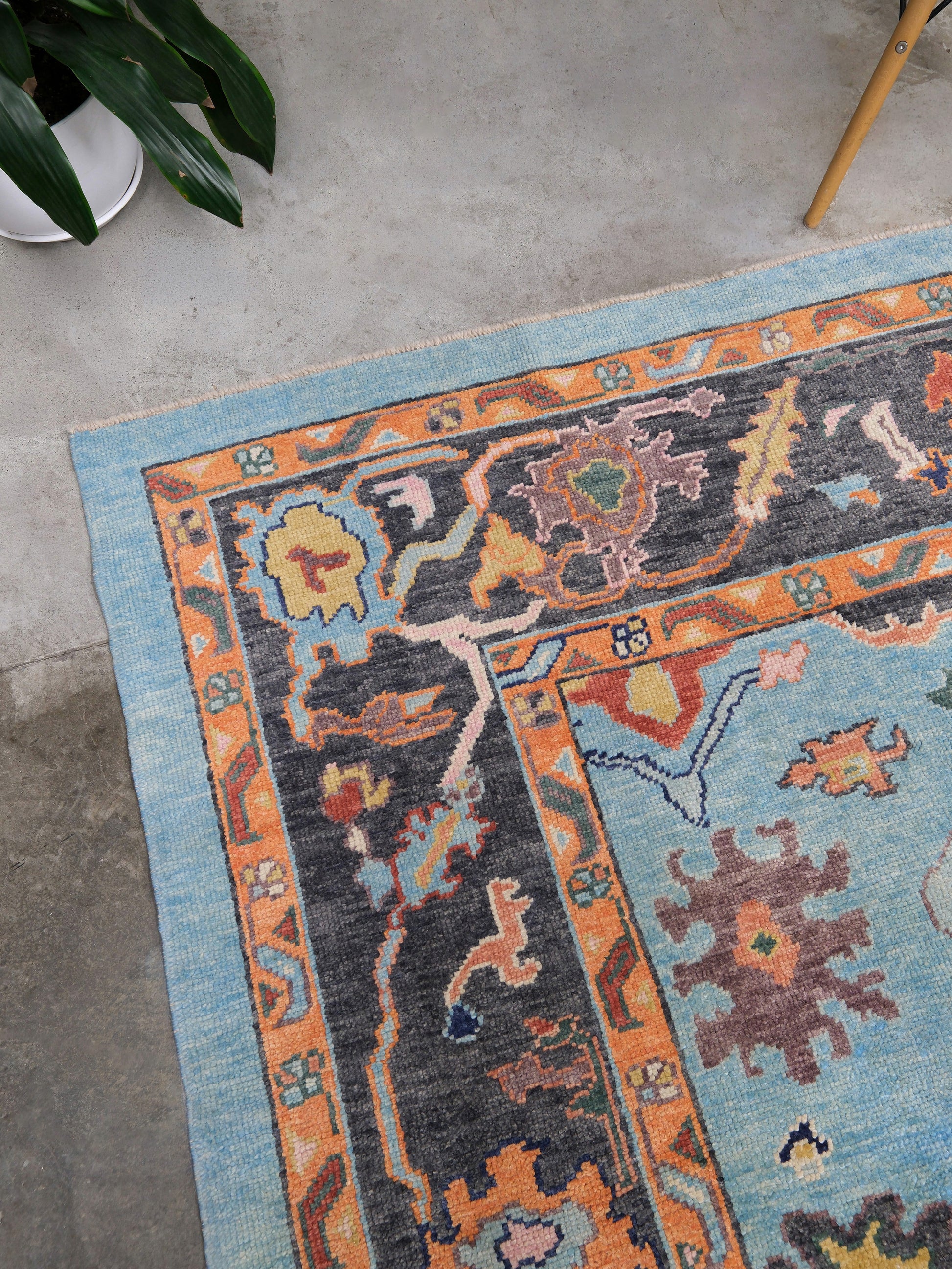 Pale turquoise Turkish Oushak rug with charcoal border, coral orange framing, and colorful abstract floral motifs, hand-knotted wool 8x10 area rug from Indigo Rugs Burlingame Bay Area.