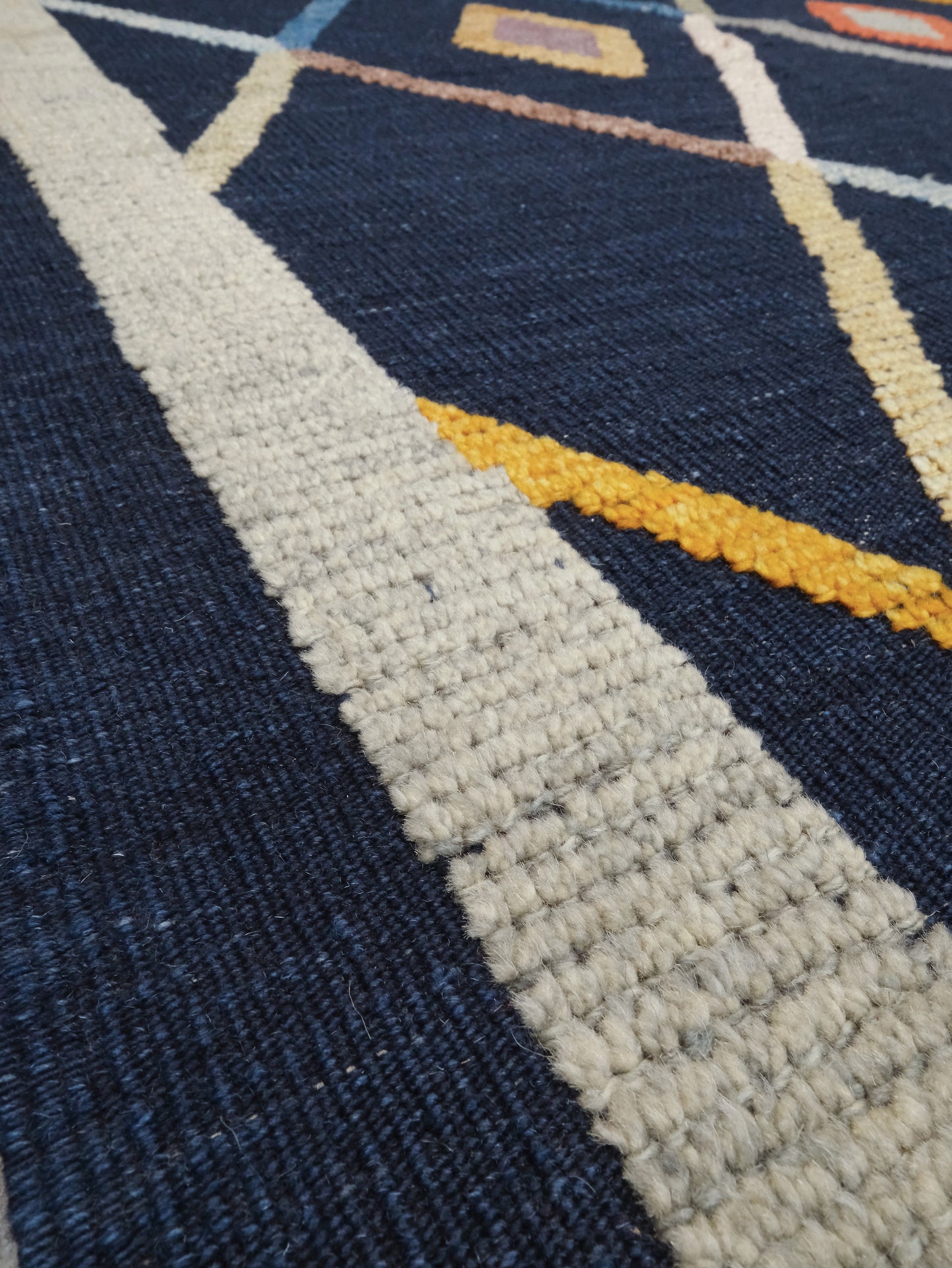 Modern Vibrant Turkish Tulu handmade wool a geometric patterned area rug 9x12 from Indigo Rugs Burlingame Bay Area.