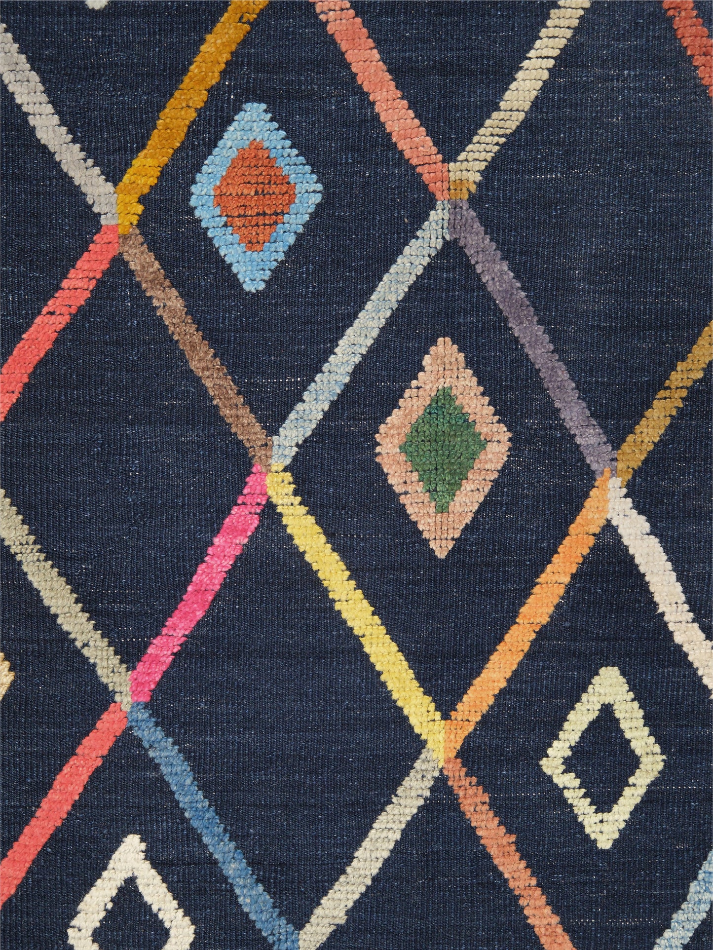 Modern Vibrant Turkish Tulu handmade wool a geometric patterned area rug 9x12 from Indigo Rugs Burlingame Bay Area.