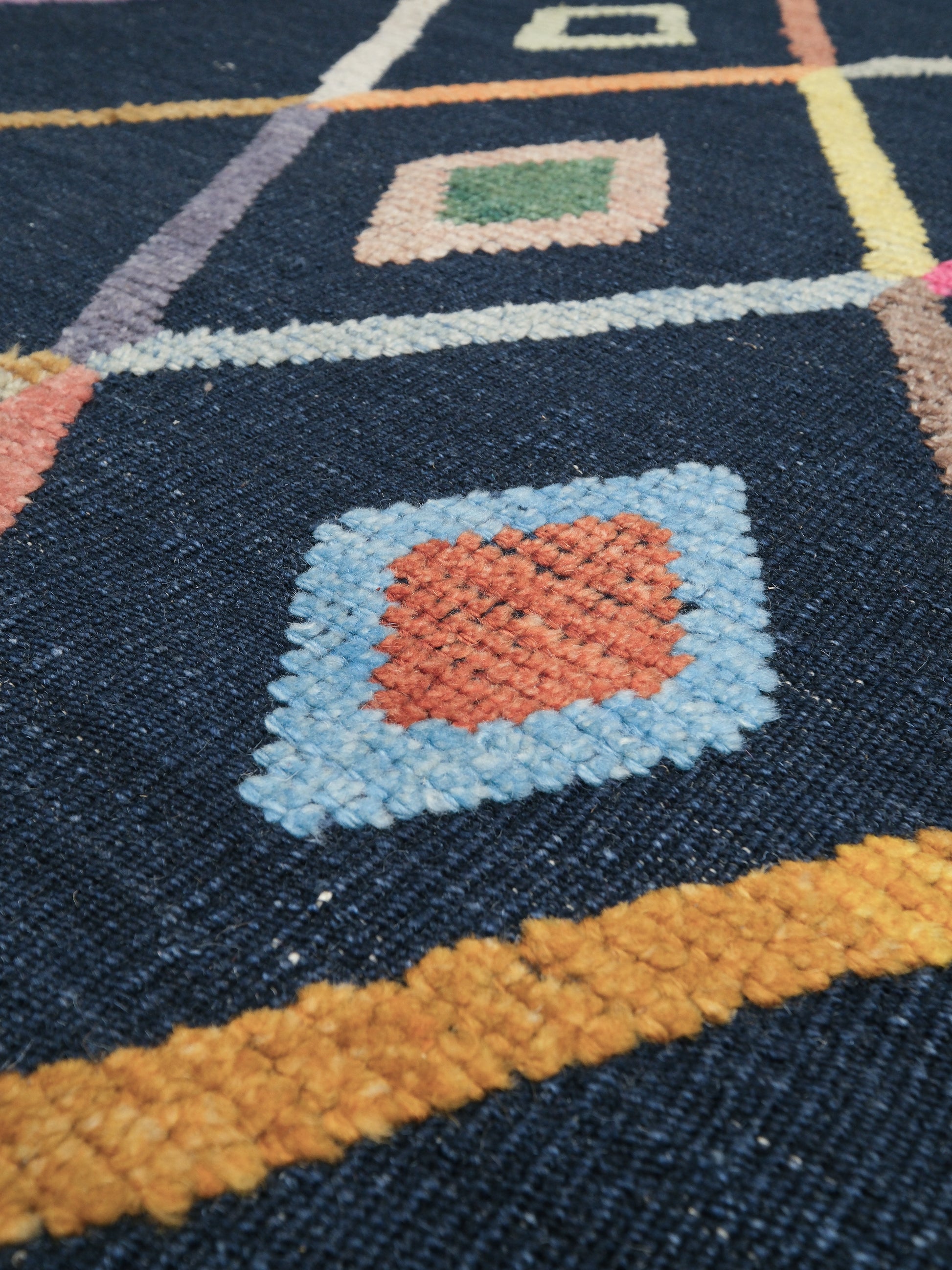 Modern Vibrant Turkish Tulu handmade wool area rug 9x12 from Indigo Rugs Burlingame Bay Area.