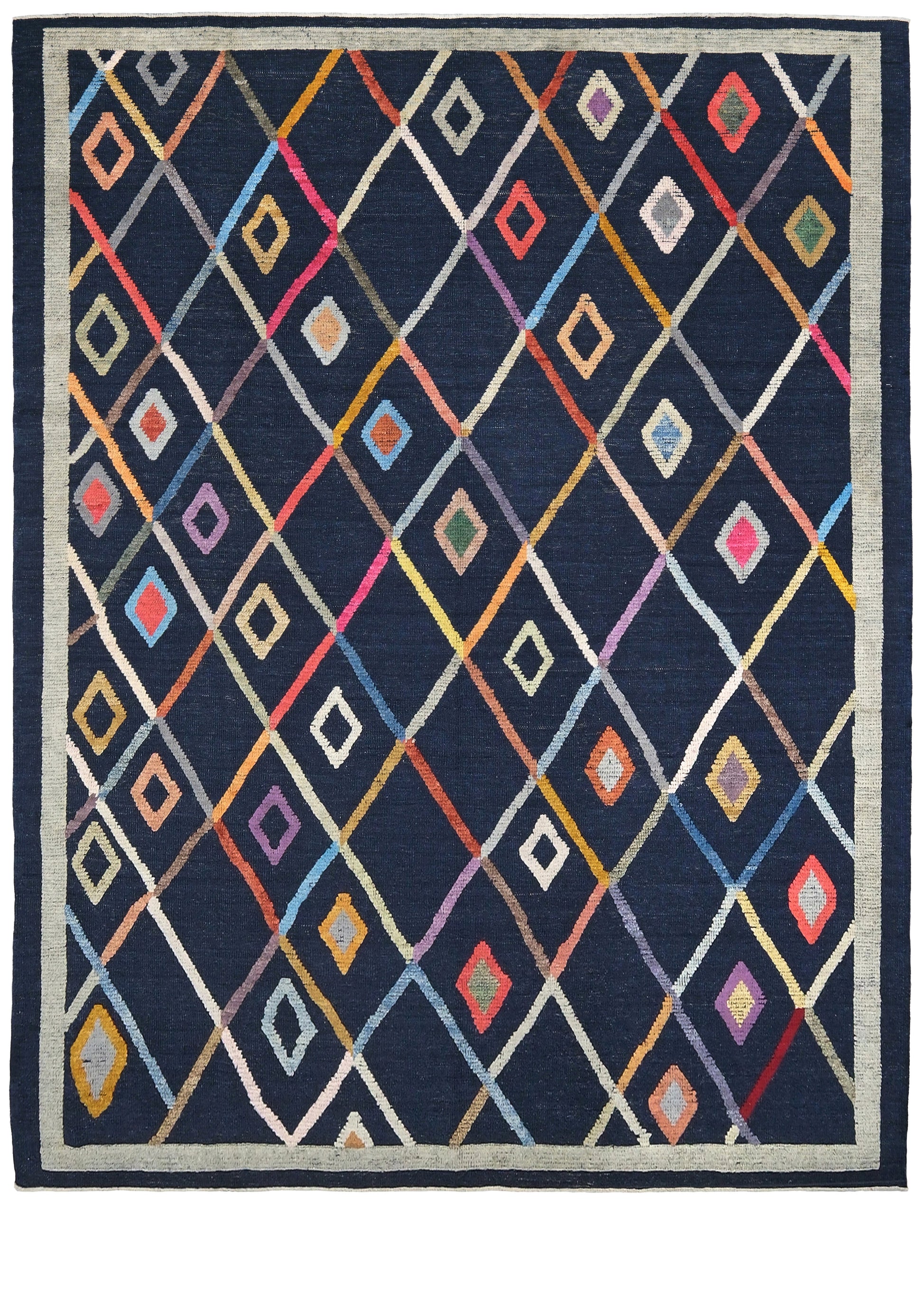Colorful diamond patterned rug. Modern Vibrant Turkish Tulu handmade wool a geometric patterned area rug 9x12 from Indigo Rugs Burlingame Bay Area.
