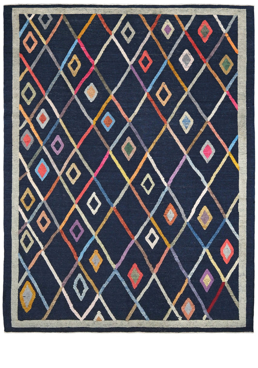 Colorful diamond patterned rug. Modern Vibrant Turkish Tulu handmade wool a geometric patterned area rug 9x12 from Indigo Rugs Burlingame Bay Area.