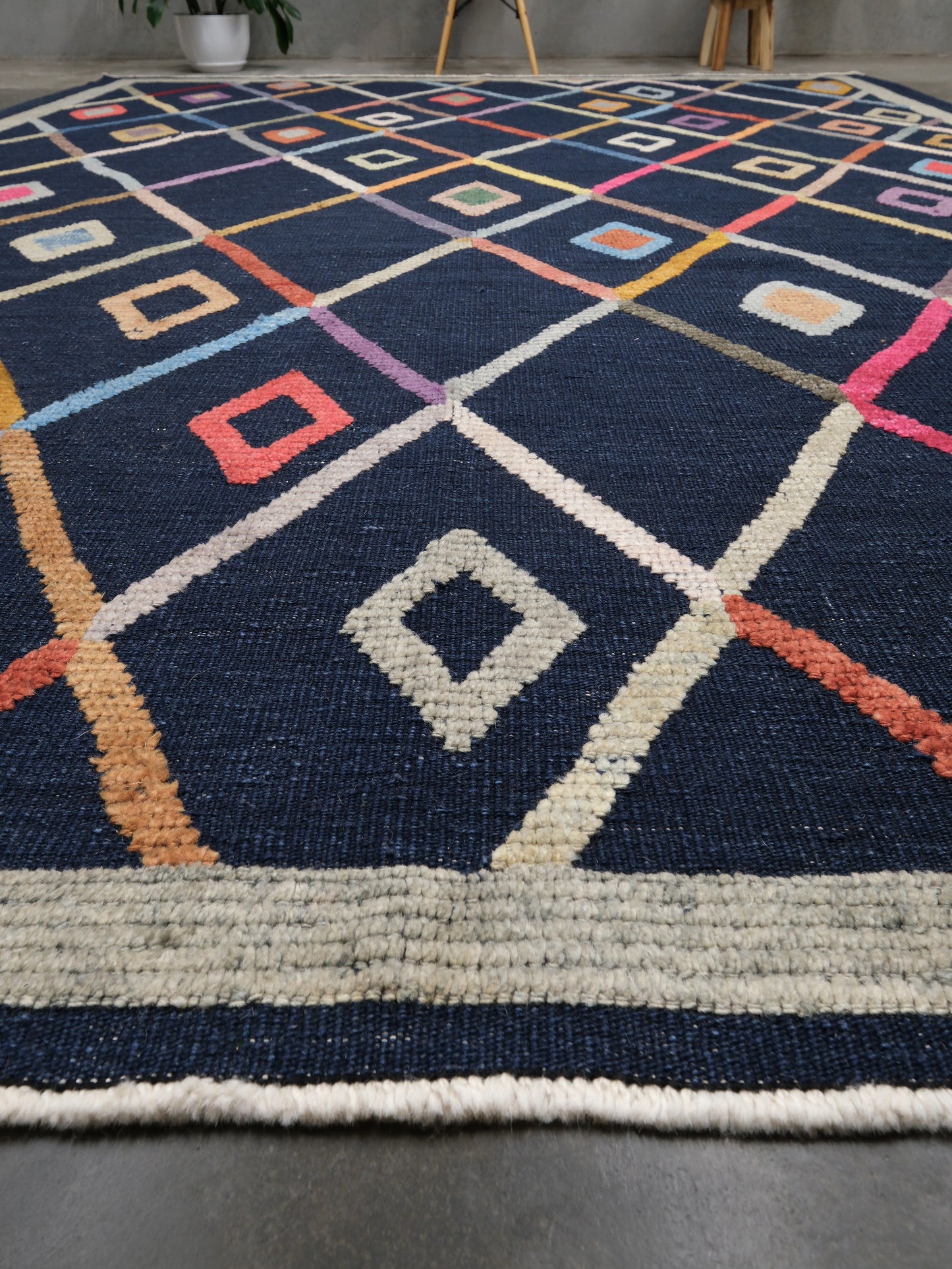 Modern Vibrant Turkish Tulu handmade wool area rug 9x12 from Indigo Rugs Burlingame Bay Area.