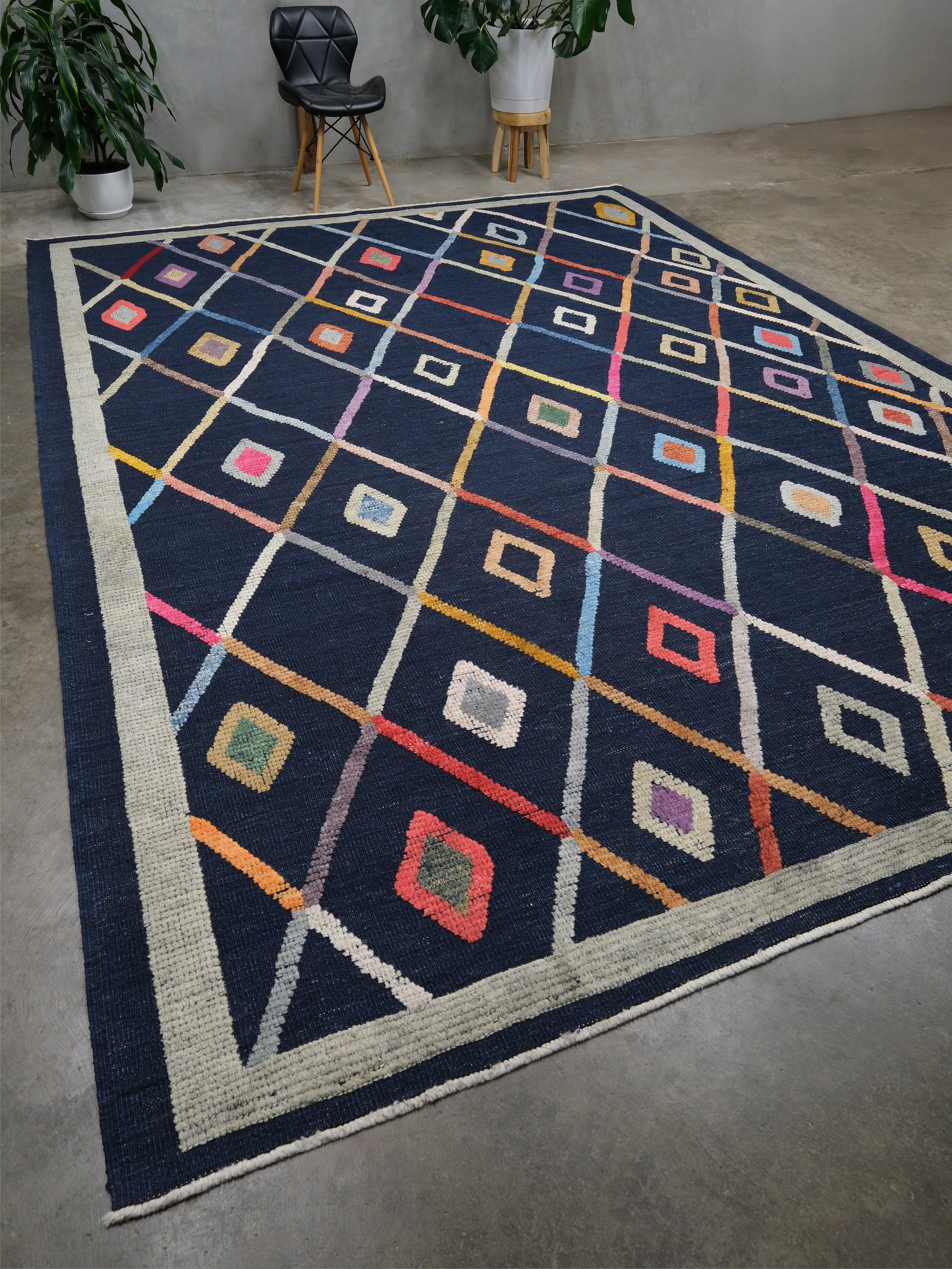 Modern Vibrant Turkish Tulu handmade wool area rug 9x12 from Indigo Rugs Burlingame Bay Area.