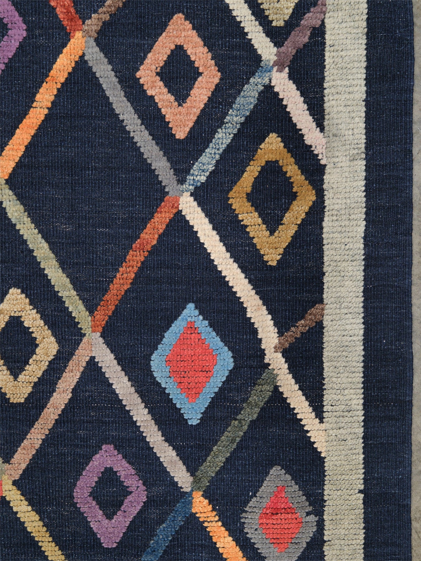 Modern Vibrant Turkish Tulu handmade wool a geometric patterned area rug 9x12 from Indigo Rugs Burlingame Bay Area.