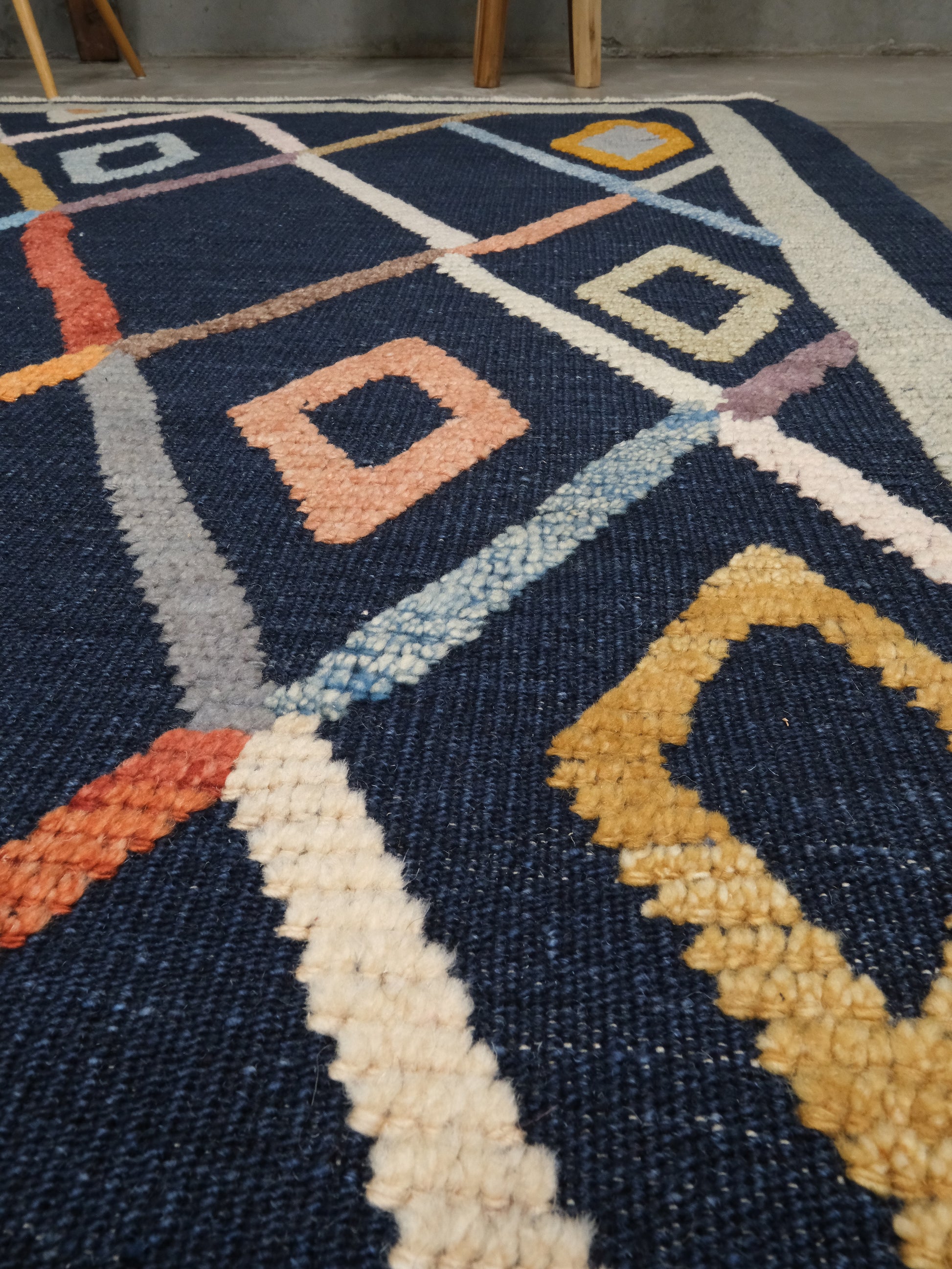 Modern Vibrant Turkish Tulu handmade wool a geometric patterned area rug 9x12 from Indigo Rugs Burlingame Bay Area.