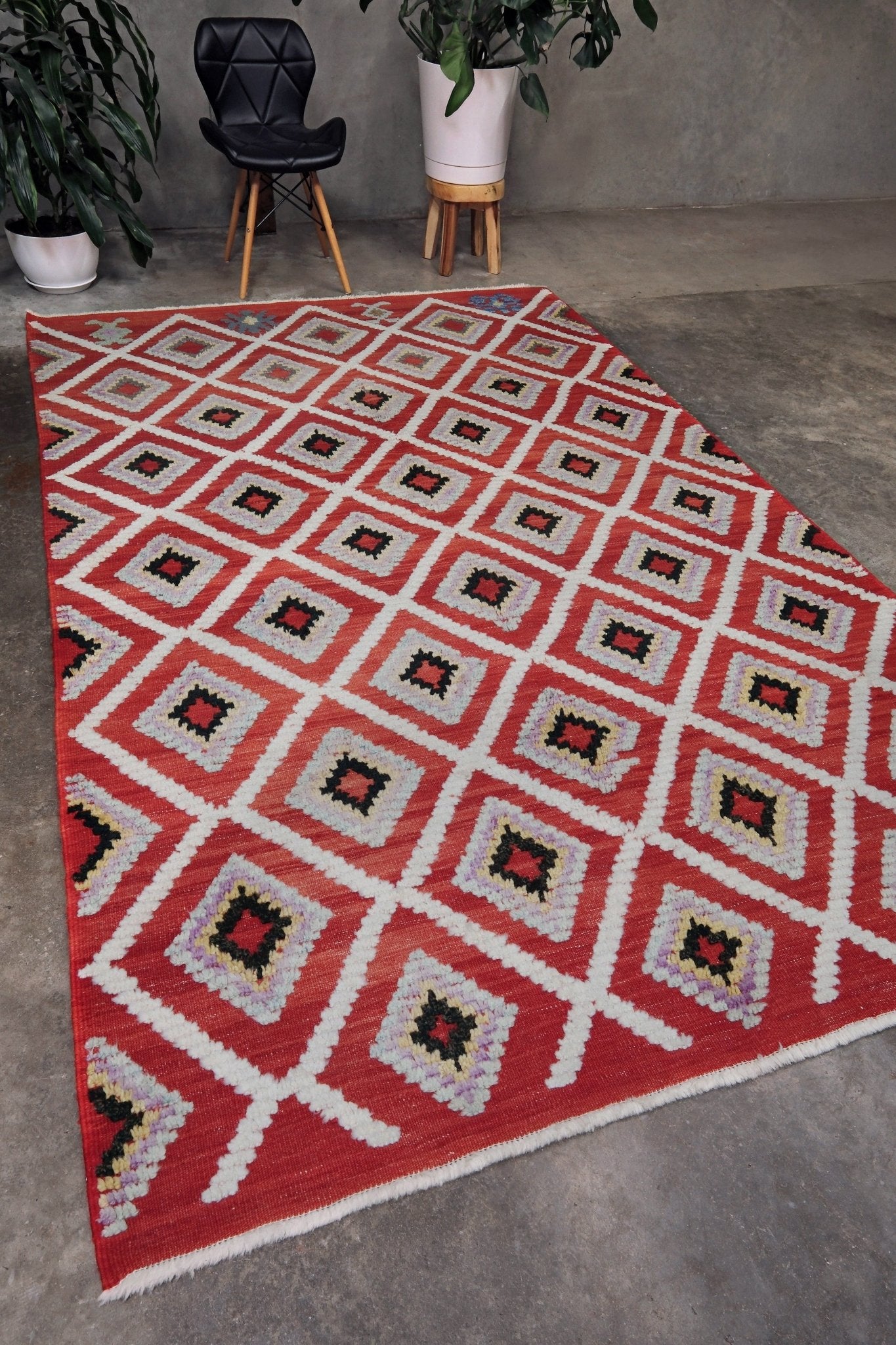 Red Turkish Tulu rug with ivory diamond lattice, raised wool texture, lavender, gray-blue, accents, 6x9 handmade moroccan style area rug from Indigo Rugs Burlingame Bay Area.