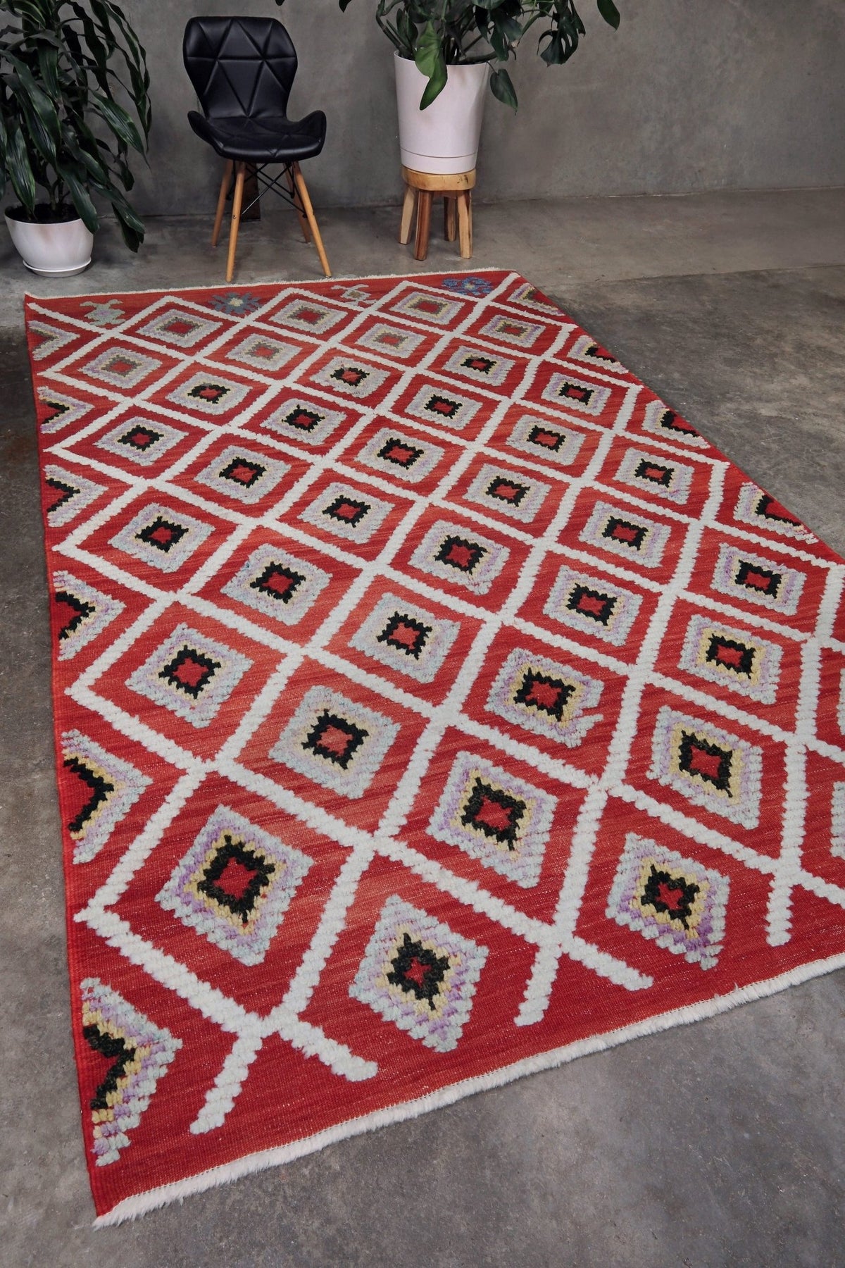 Red Turkish Tulu rug with ivory diamond lattice, raised wool texture, lavender, gray-blue, accents, 6x9 handmade moroccan style area rug from Indigo Rugs Burlingame Bay Area.