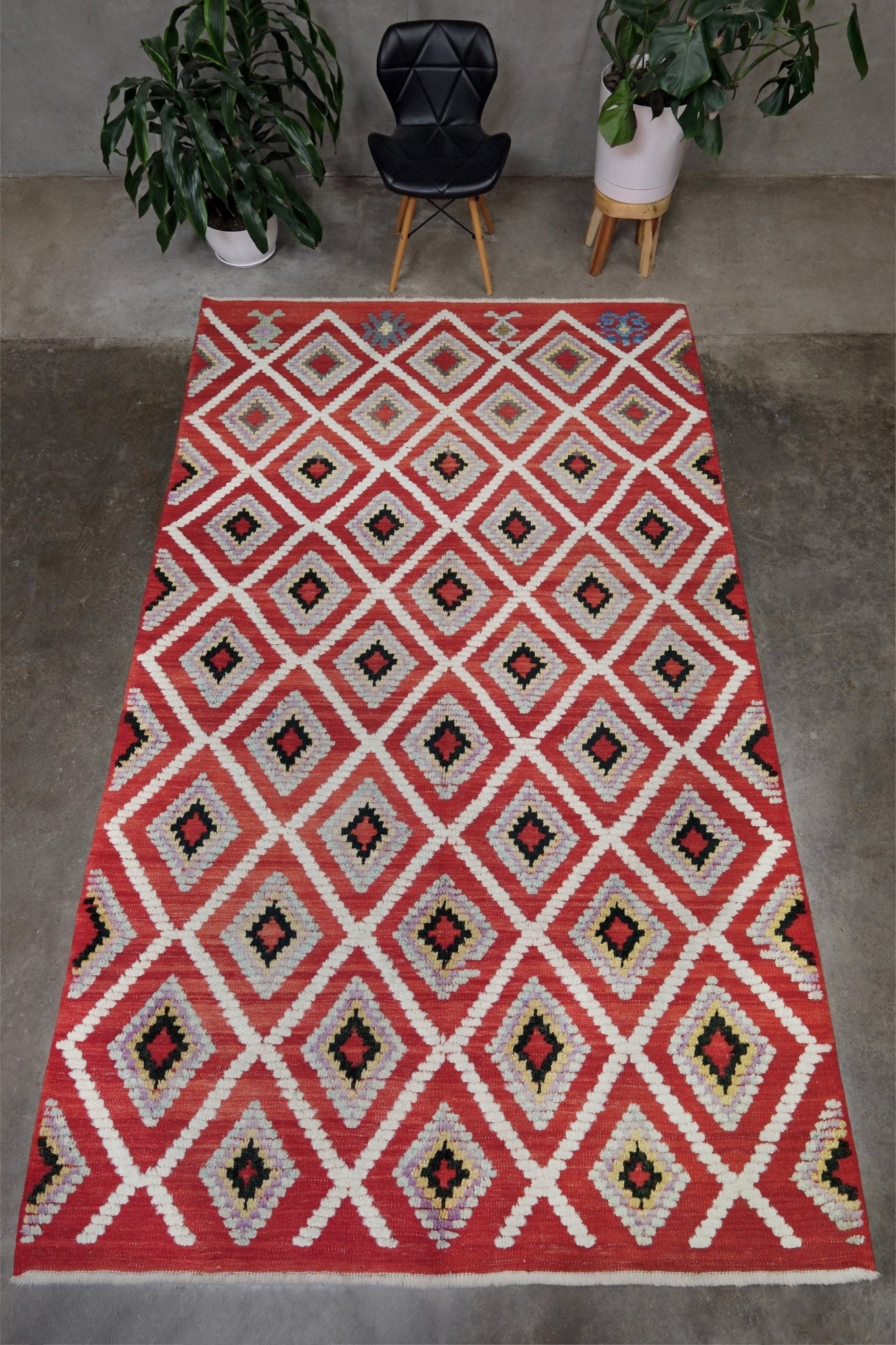 Red Turkish Tulu rug with ivory diamond lattice, raised wool texture, lavender, gray-blue, accents, 6x9 handmade moroccan style area rug from Indigo Rugs Burlingame Bay Area.