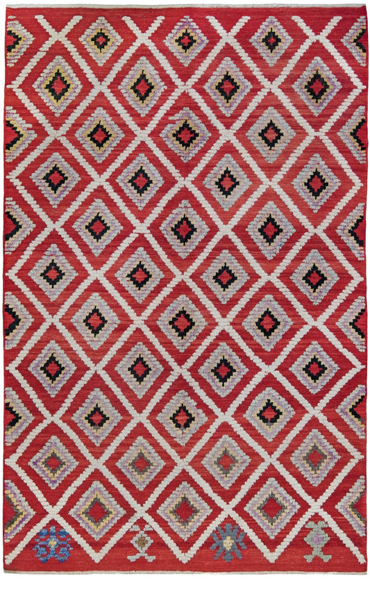 Red Turkish Tulu rug with ivory diamond lattice, raised wool texture, lavender, gray-blue, accents, 6x9 handmade moroccan style area rug from Indigo Rugs Burlingame Bay Area.