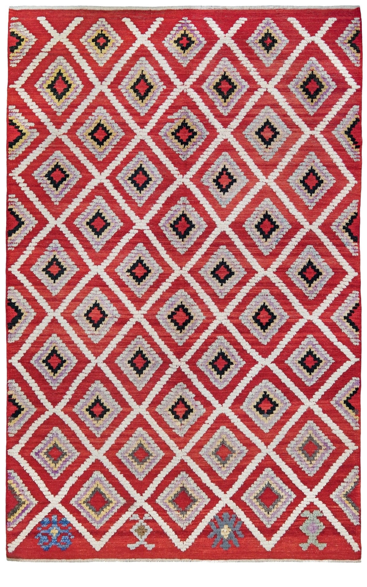 Red Turkish Tulu rug with ivory diamond lattice, raised wool texture, lavender, gray-blue, accents, 6x9 handmade moroccan style area rug from Indigo Rugs Burlingame Bay Area.