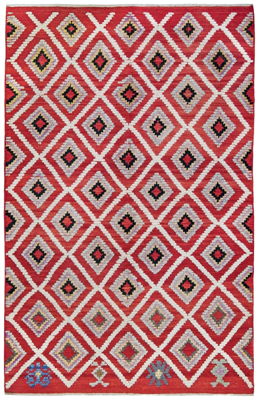 Red Turkish Tulu rug with ivory diamond lattice, raised wool texture, lavender, gray-blue, accents, 6x9 handmade moroccan style area rug from Indigo Rugs Burlingame Bay Area.