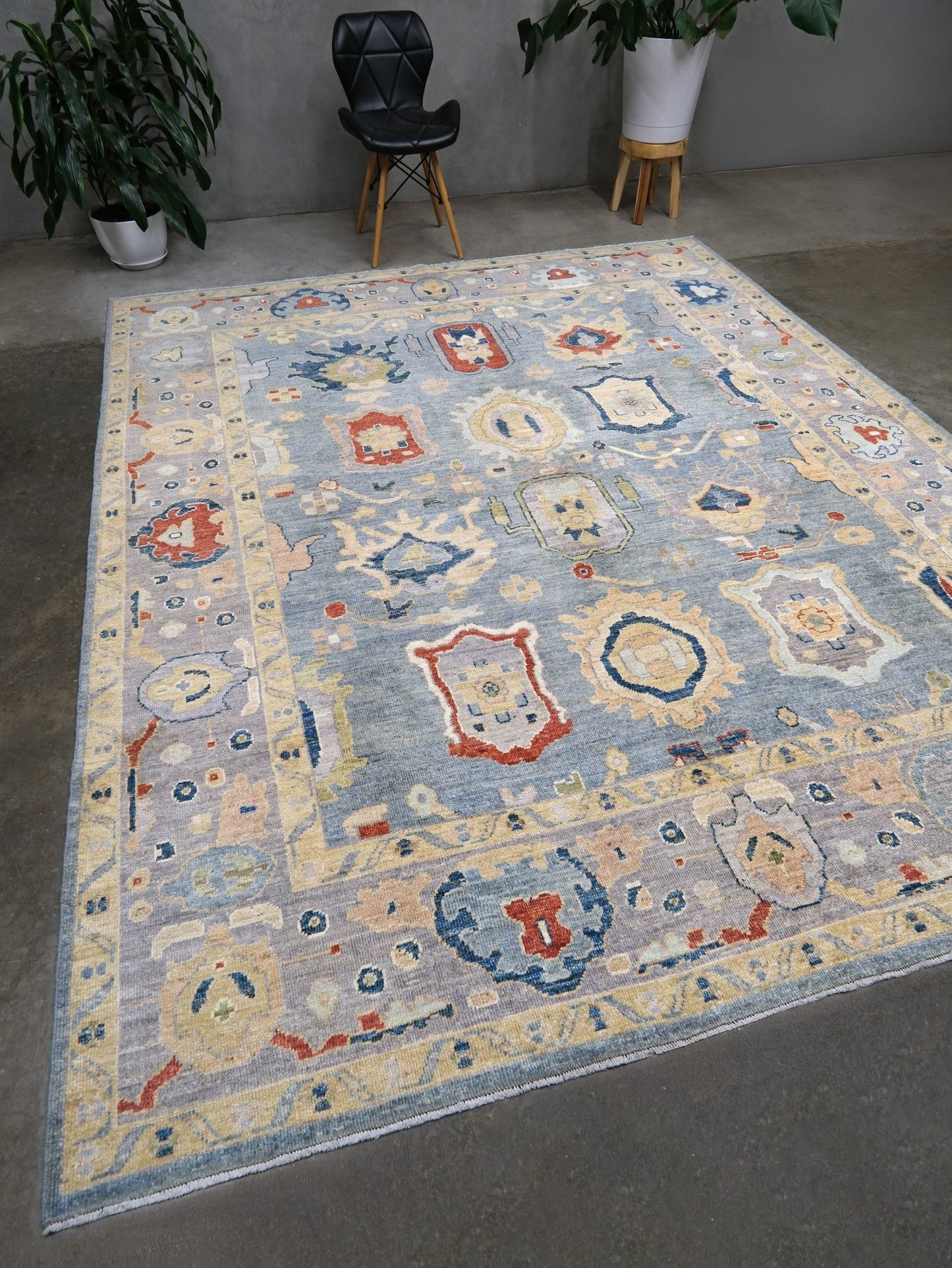 Powder blue Turkish Oushak rug with pale lavender border, warm ivory floral motifs, hand-knotted wool area rug 8x10 from Indigo Rugs Burlingame Bay Area.