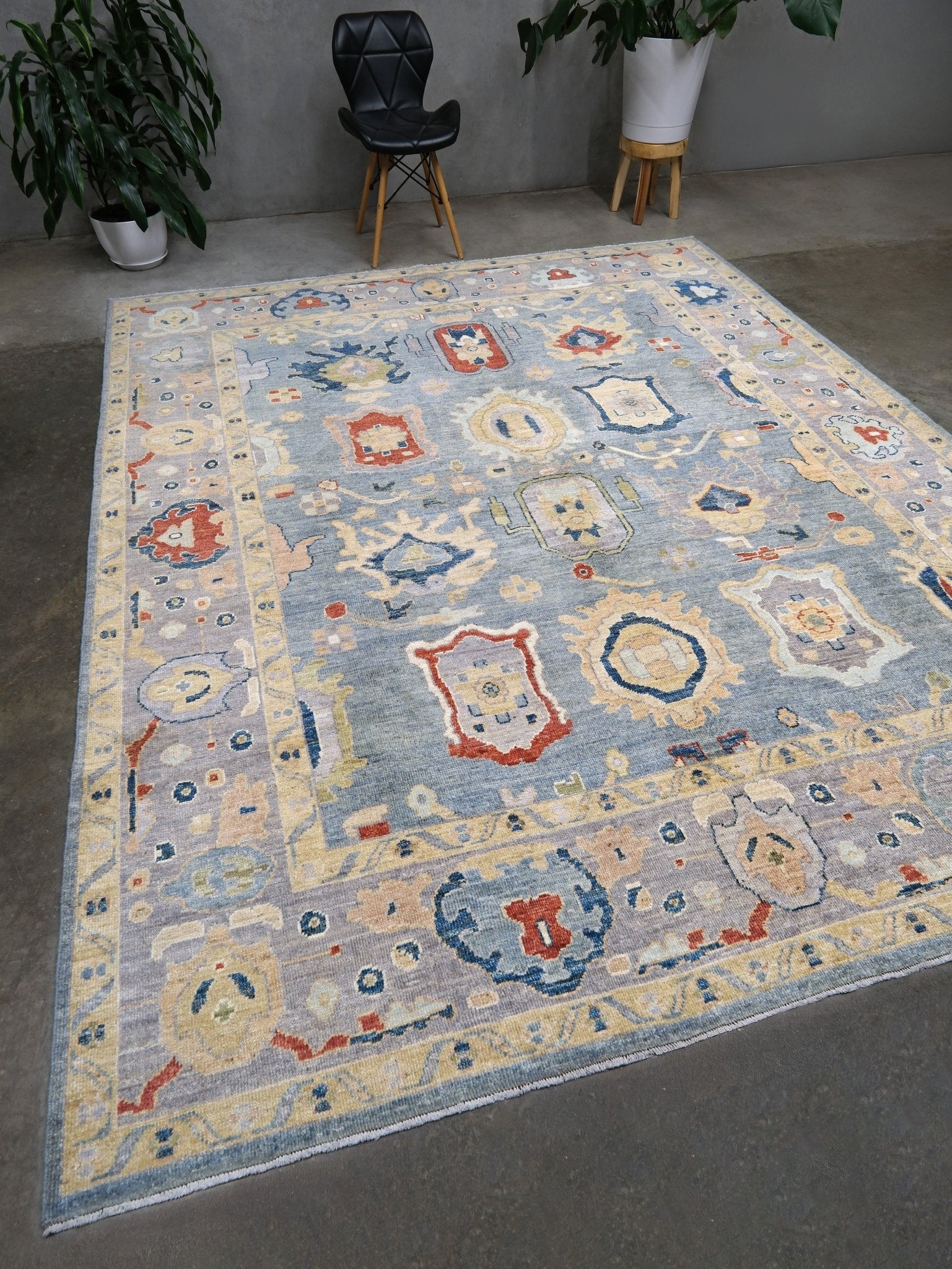 Powder blue Turkish Oushak rug with pale lavender border, warm ivory floral motifs, hand-knotted wool area rug 8x10 from Indigo Rugs Burlingame Bay Area.