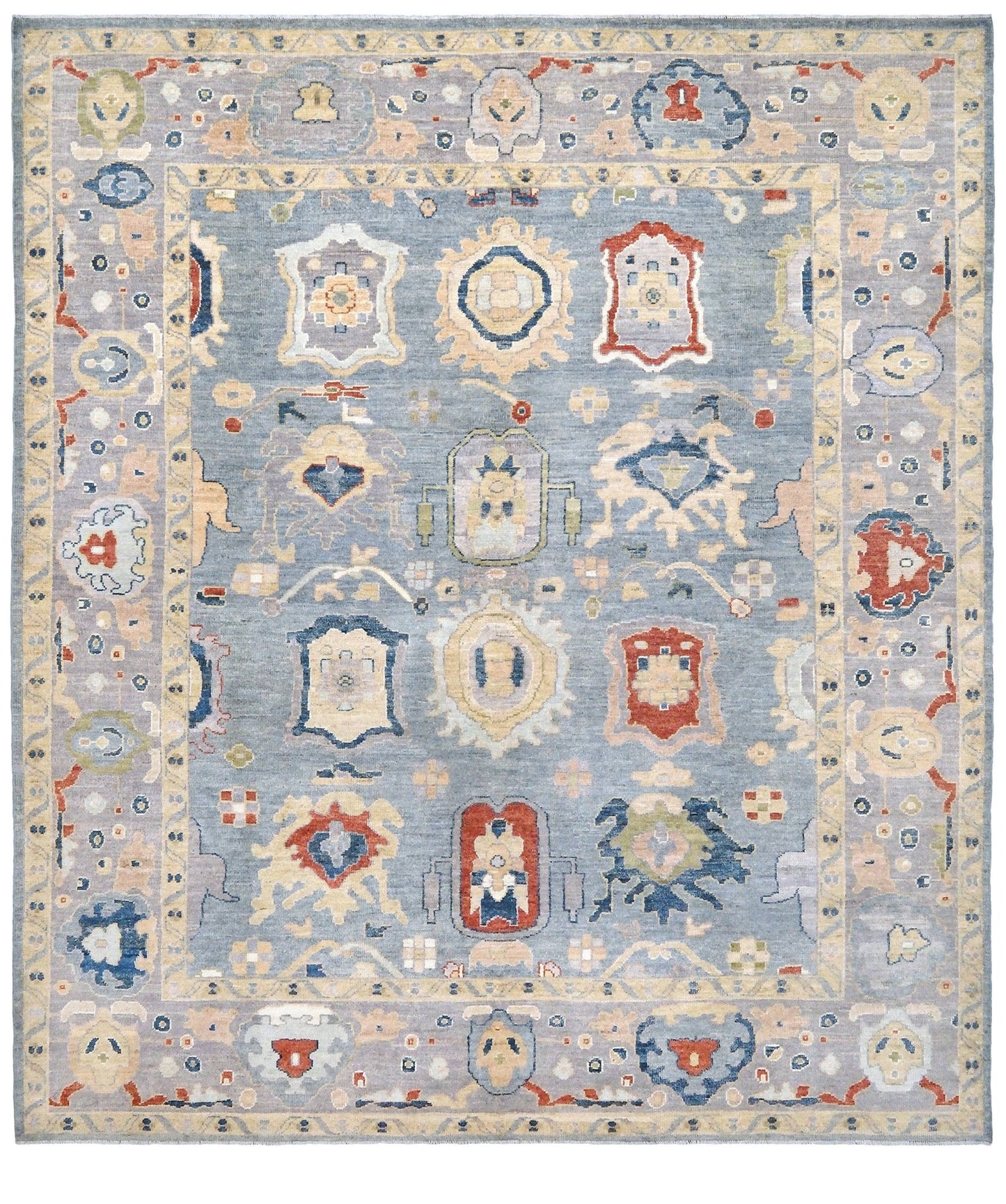 Powder blue Turkish Oushak rug with pale lavender border, warm ivory floral motifs, hand-knotted wool area rug 8x10 from Indigo Rugs Burlingame Bay Area.