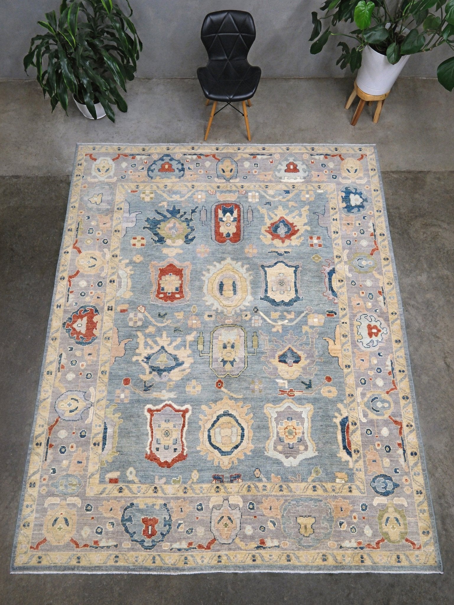 Powder blue Turkish Oushak rug with pale lavender border, warm ivory floral motifs, hand-knotted wool area rug 8x10 from Indigo Rugs Burlingame Bay Area.