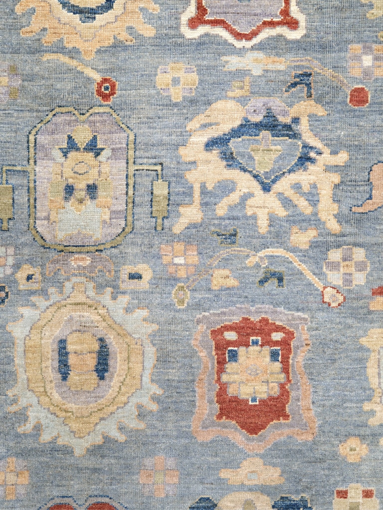 Powder blue Turkish Oushak rug with pale lavender border, warm ivory floral motifs, hand-knotted wool area rug 8x10 from Indigo Rugs Burlingame Bay Area.
