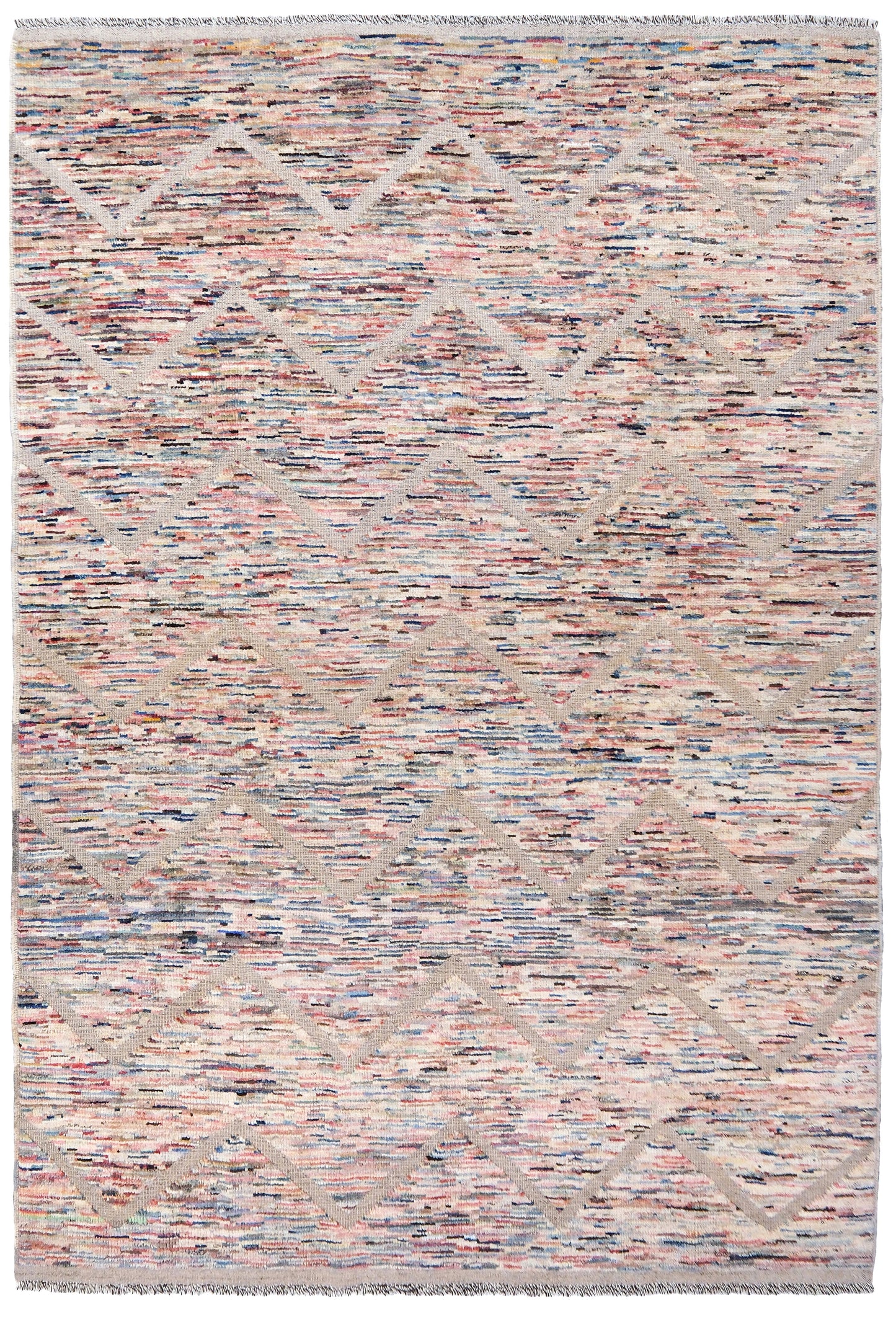 A rectangular woven area rug with a textured, multicolor pattern of pink, beige, blue, and gray threads, featuring a subtle diamond lattice design and fringed edges.