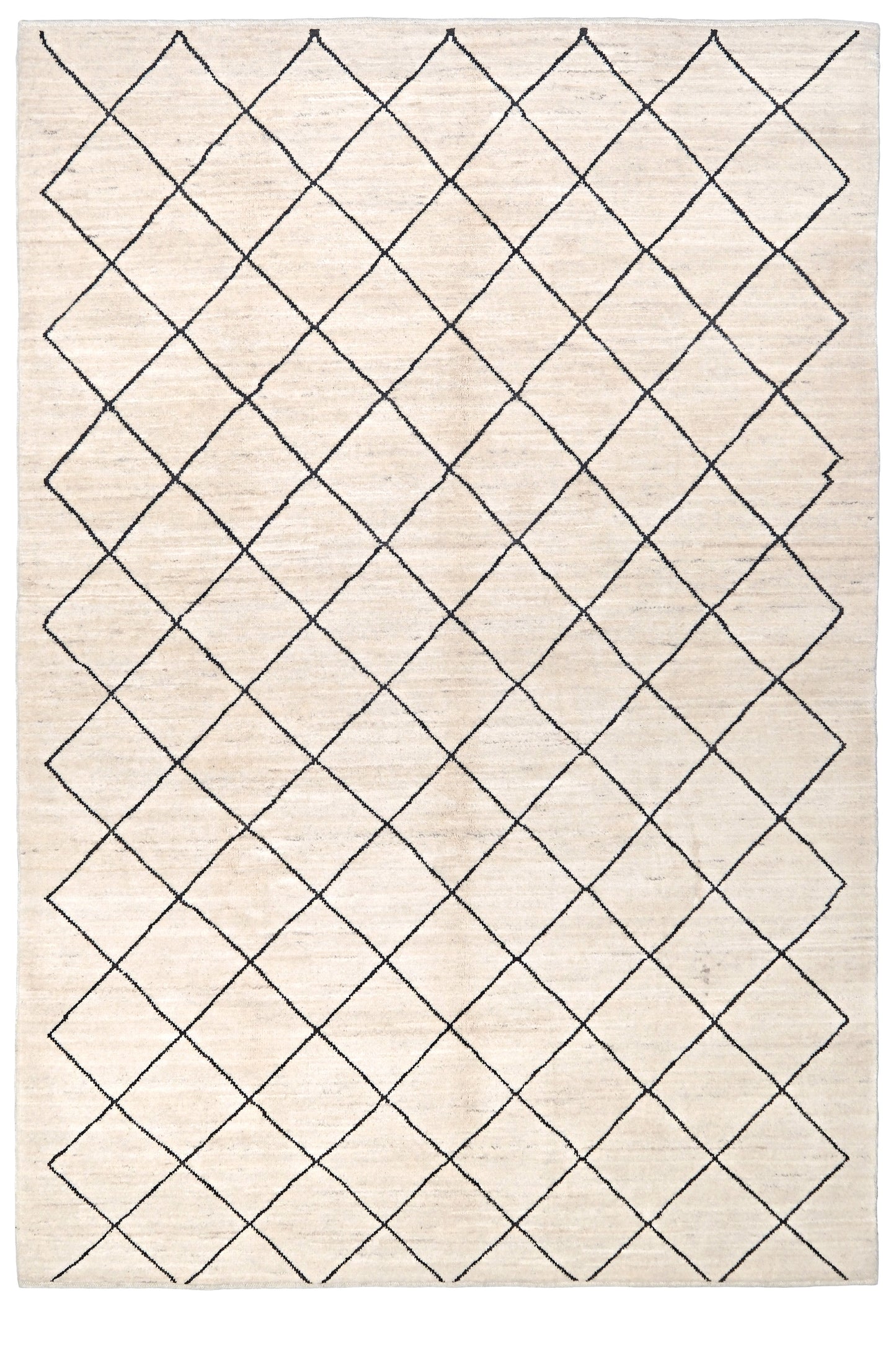 Ivory natural beige minimalist Moroccan handmade wool rug with black diamond pattern, soft cream field and organic modern geometric design, 6x8 from Indigo Rugs Burlingame Bay Area.