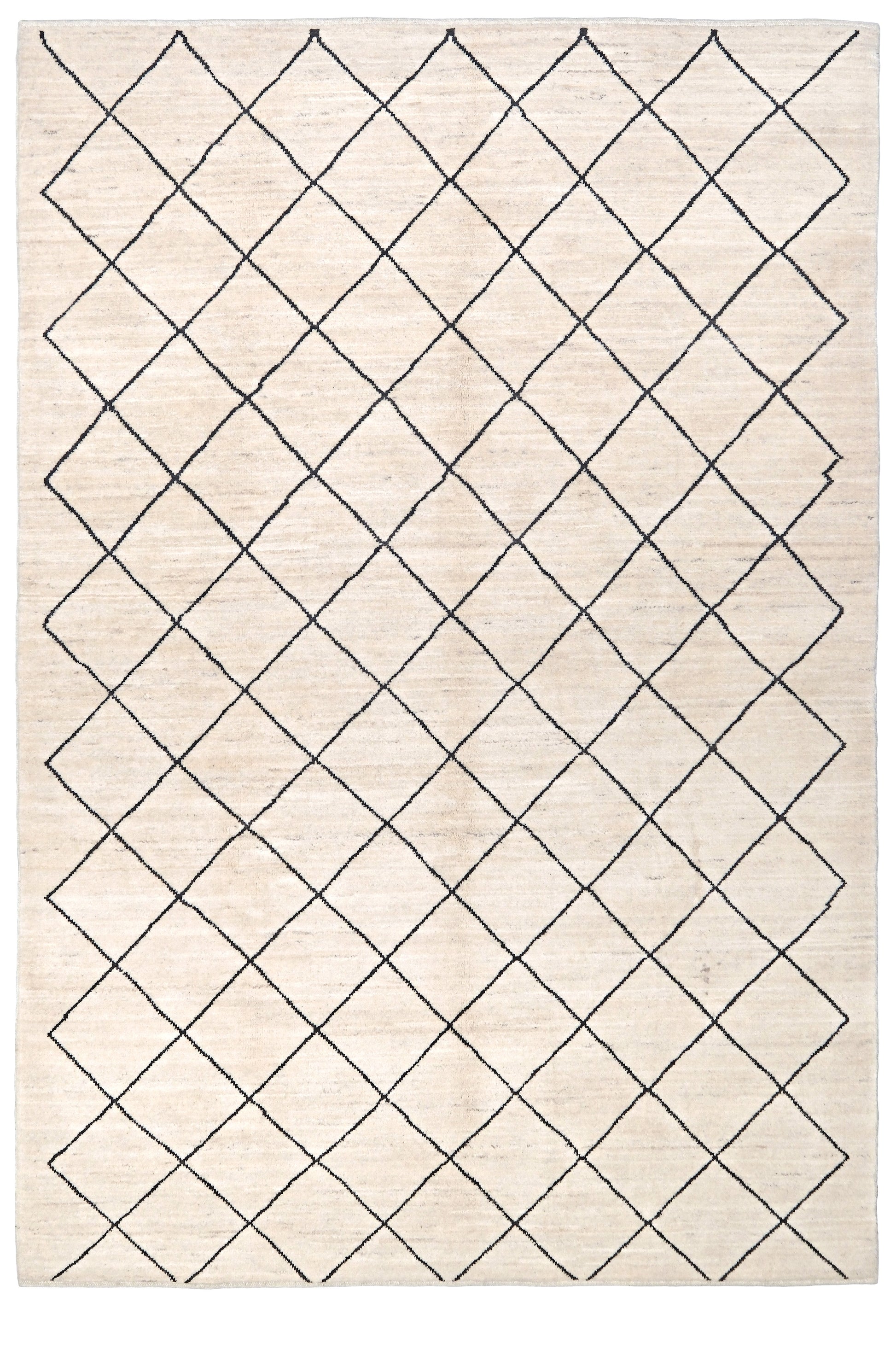 Ivory natural beige minimalist Moroccan handmade wool rug with black diamond pattern, soft cream field and organic modern geometric design, 6x8 from Indigo Rugs Burlingame Bay Area.