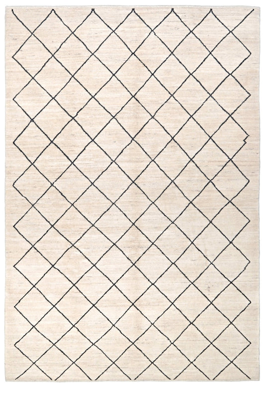 Ivory natural beige minimalist Moroccan handmade wool rug with black diamond pattern, soft cream field and organic modern geometric design, 6x8 from Indigo Rugs Burlingame Bay Area.