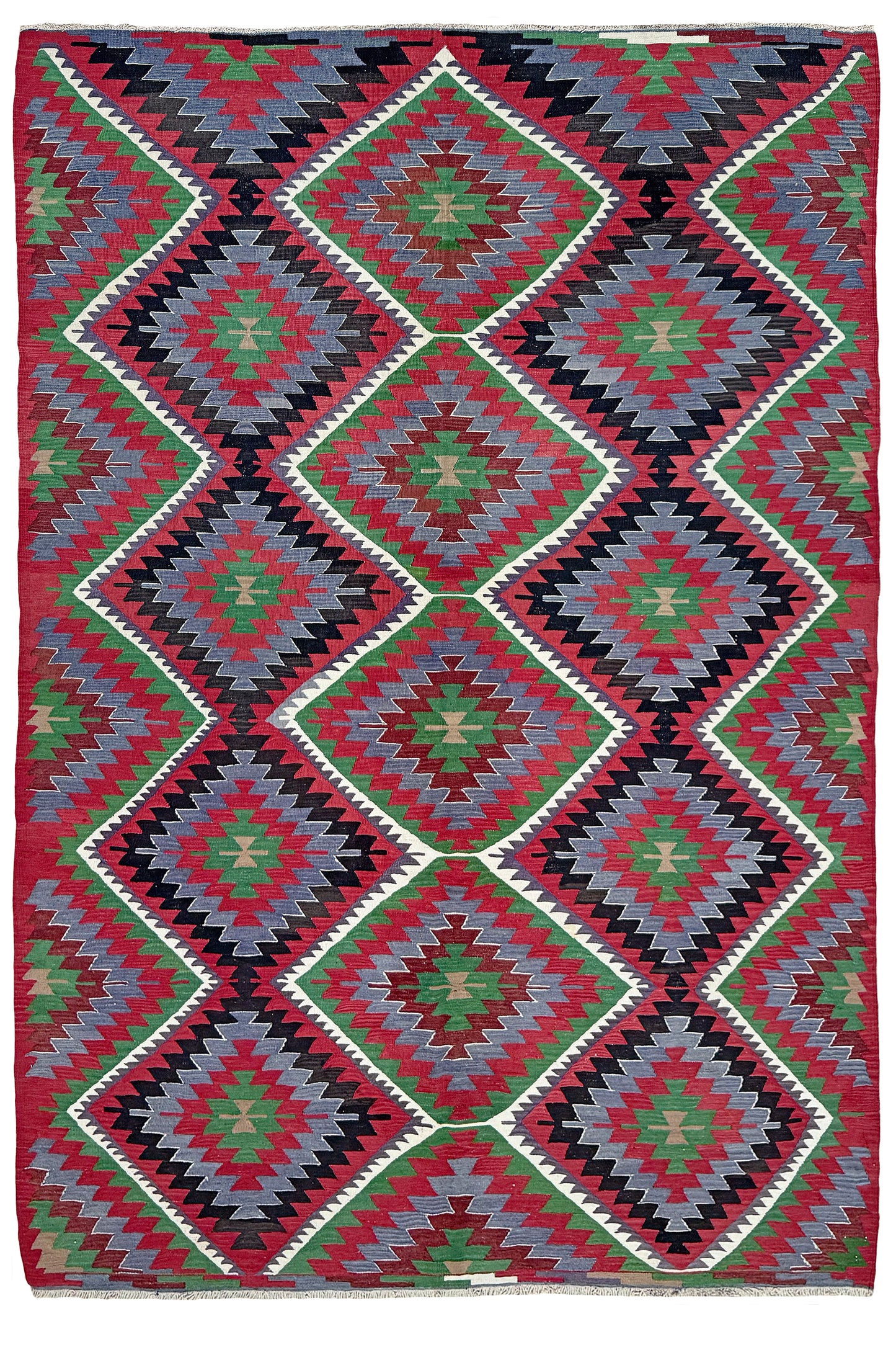 Vintage Esme Turkish kilim featuring navajo style geometric design, handwoven wool flatweave rug 6x9