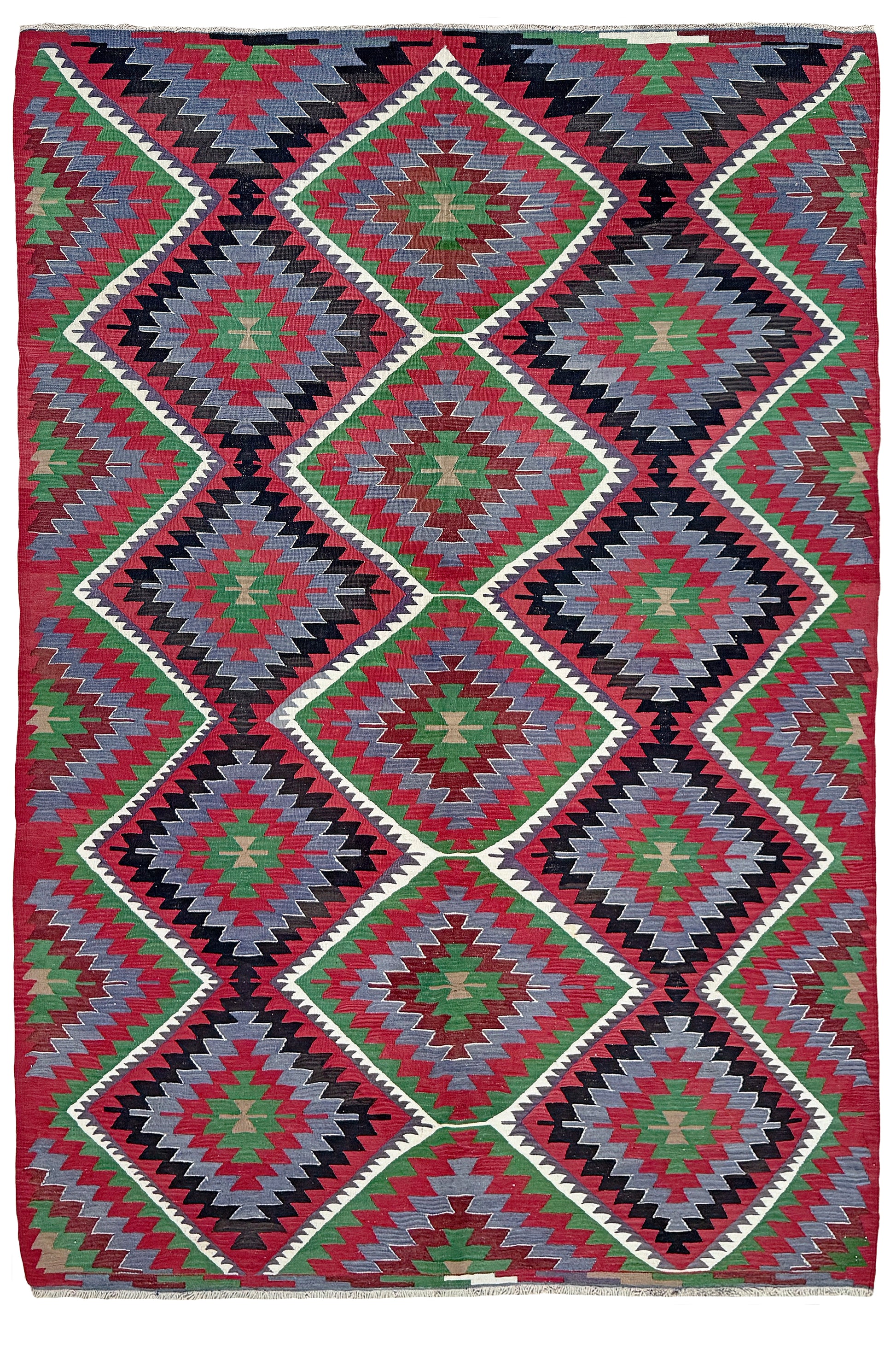 Vintage Esme Turkish kilim featuring navajo style geometric design, handwoven wool flatweave rug 6x9