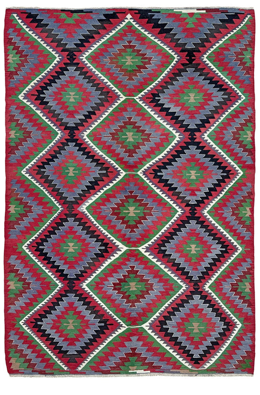 Vintage Esme Turkish kilim featuring navajo style geometric design, handwoven wool flatweave rug 6x9