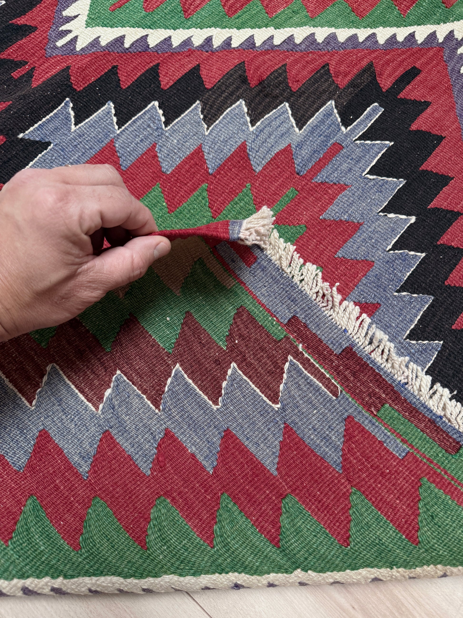Vintage Esme Turkish kilim featuring navajo style geometric design, handwoven wool flatweave rug 6x9