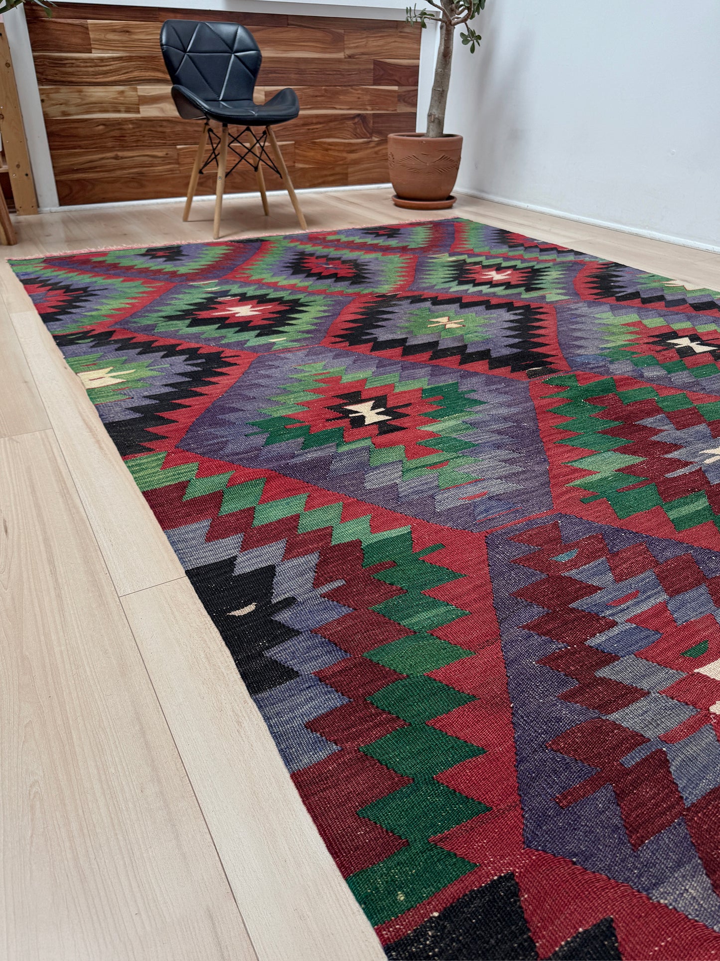 Vintage Esme Turkish tribal kilim rug featuring geometric design in raspberry red, blue violet, emerald green, handmade 6x10 perfect for boho style 