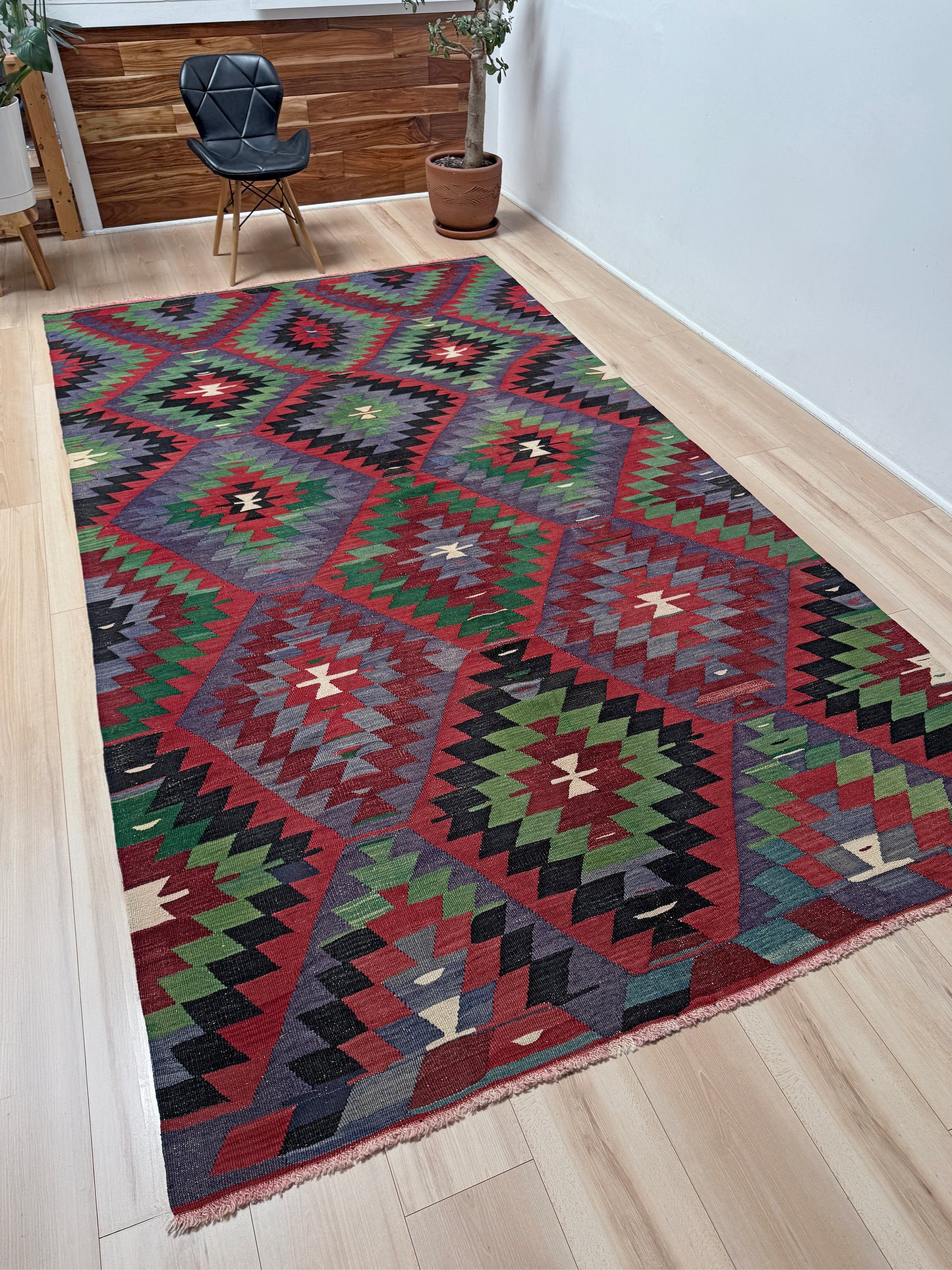 Vintage Esme Turkish tribal kilim rug featuring geometric design in raspberry red, blue violet, emerald green, handmade 6x10 perfect for boho style 