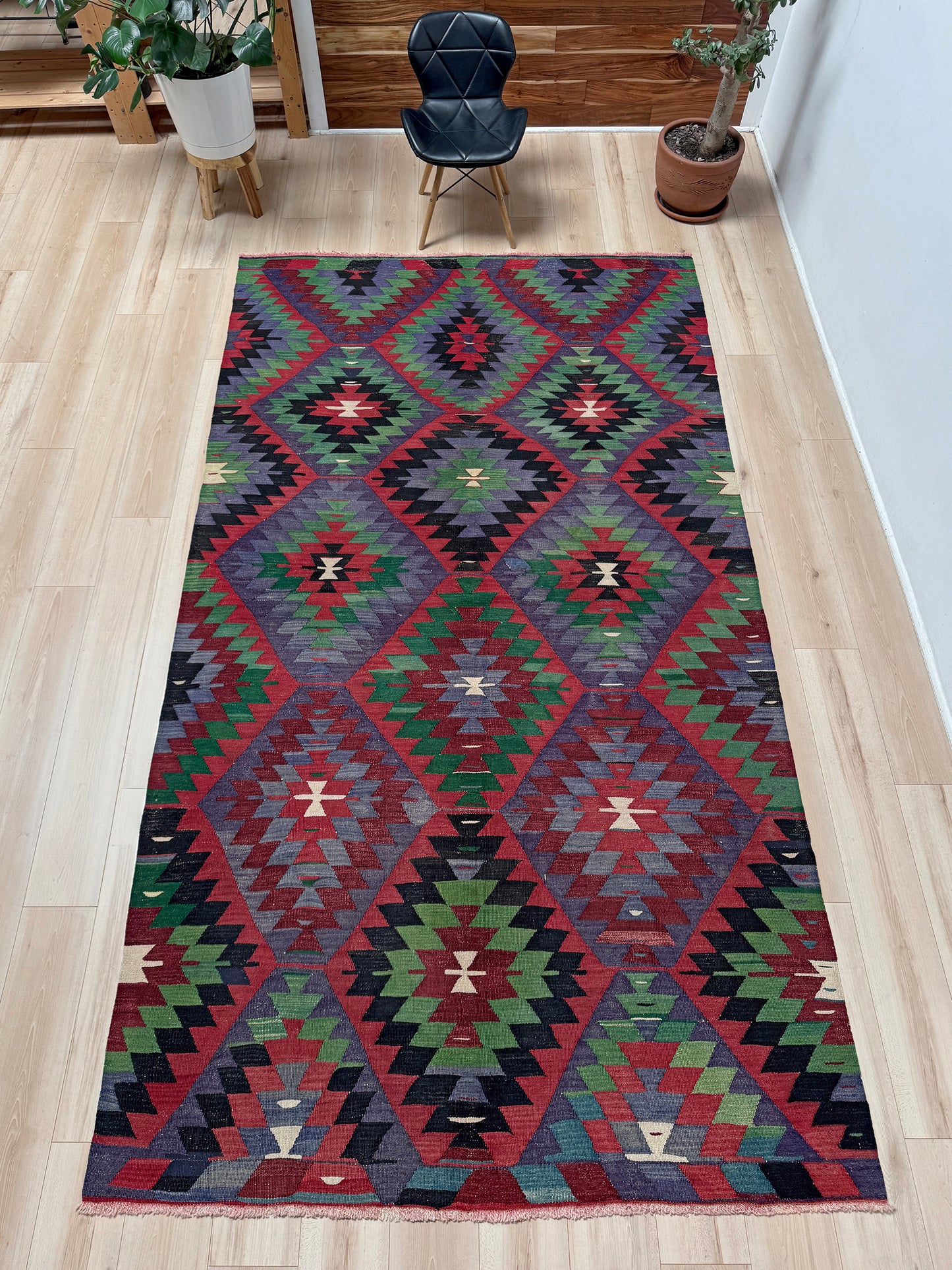 Vintage Esme Turkish tribal kilim rug featuring geometric design in raspberry red, blue violet, emerald green, handmade 6x10 perfect for boho style 