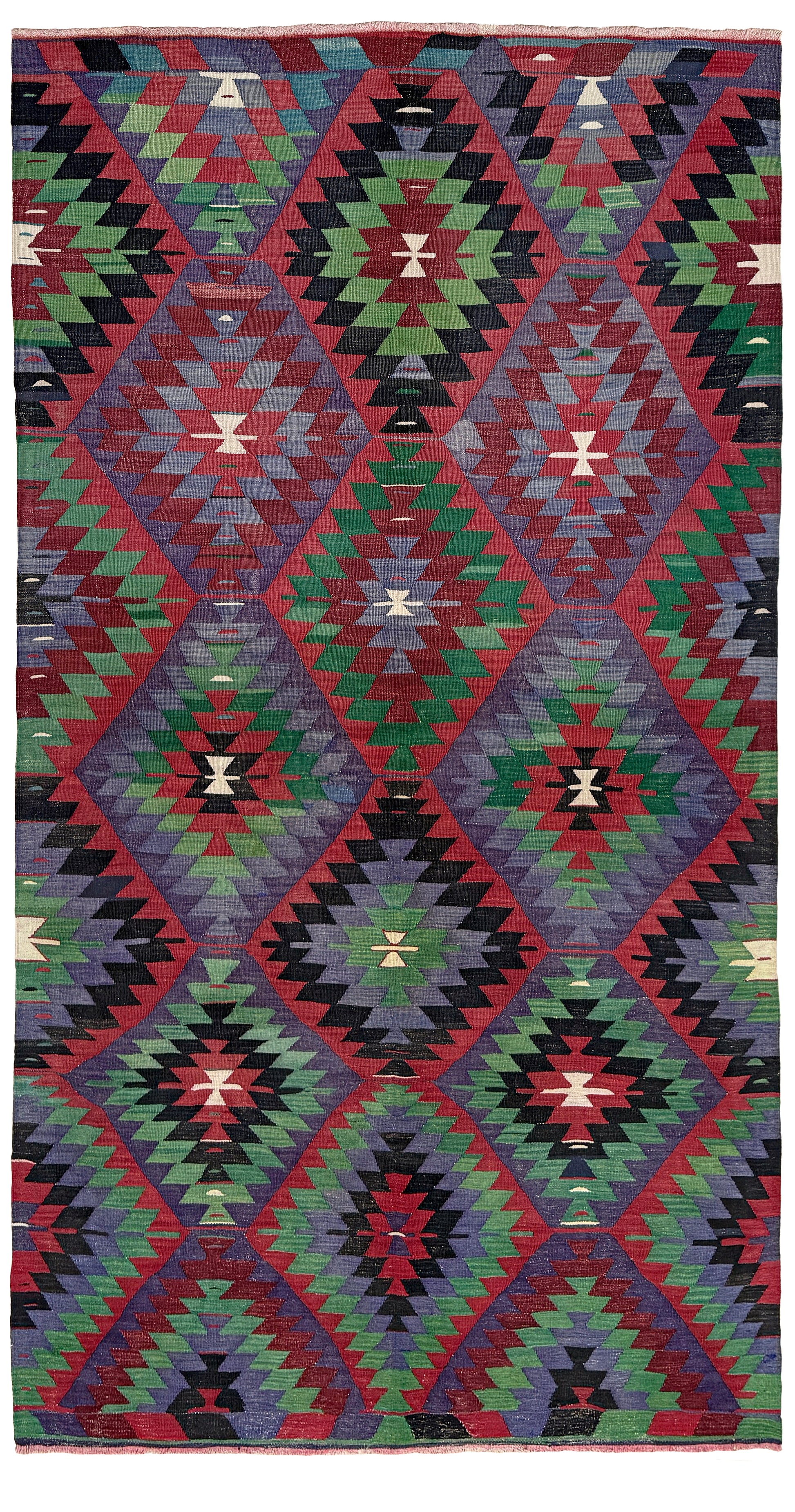 Multicolored geometric patterned rug with a vibrant design. Vintage Esme Turkish tribal kilim rug featuring geometric design in raspberry red, blue violet, emerald green, handmade 6x10 perfect for boho style 