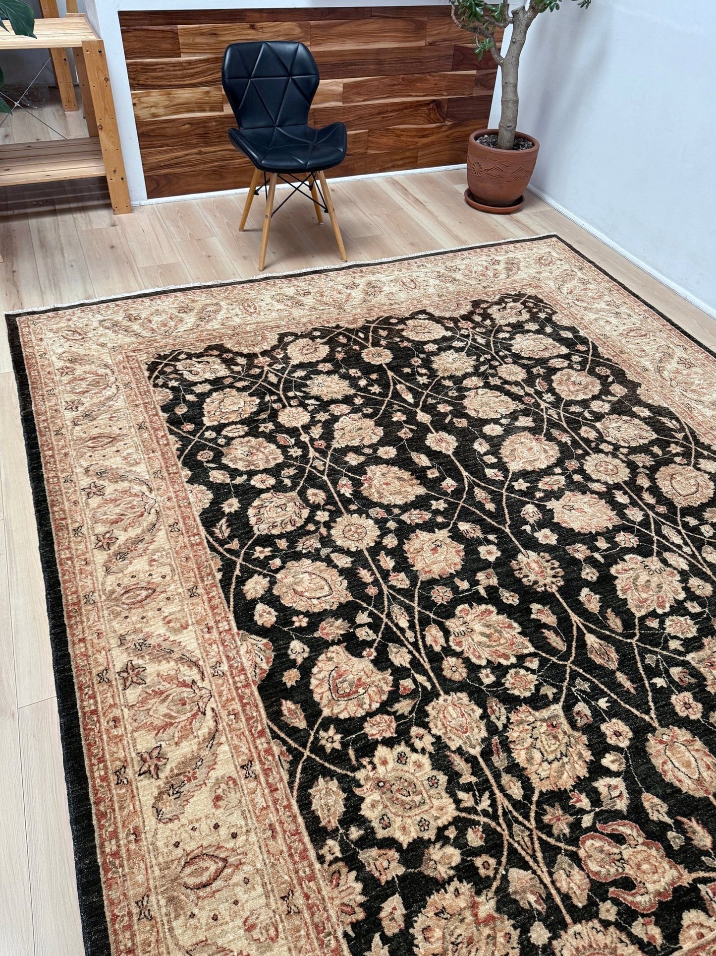Handmade 8x10 Turkish Oushak Floral  Rug – Espresso Brown & Ivory – Best Rug Shop in Burlingame, SF Bay Area – Vintage-Inspired, High-Quality Wool Rug for Bedroom, Living Room, Dining Room – Free Shipping.