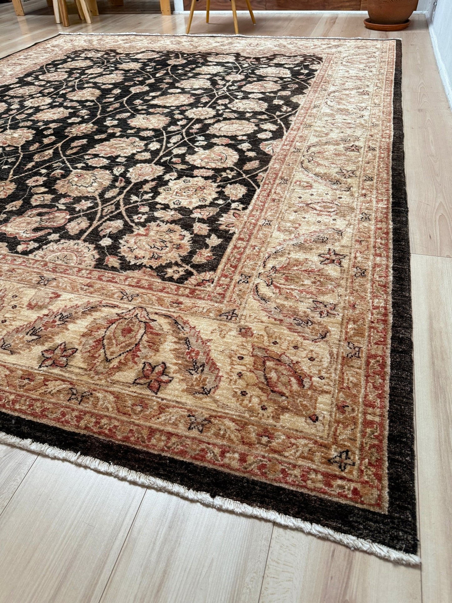 Handmade 8x10 Turkish Oushak Floral  Rug – Espresso Brown & Ivory – Best Rug Shop in Burlingame, SF Bay Area – Vintage-Inspired, High-Quality Wool Rug for Bedroom, Living Room, Dining Room – Free Shipping.
