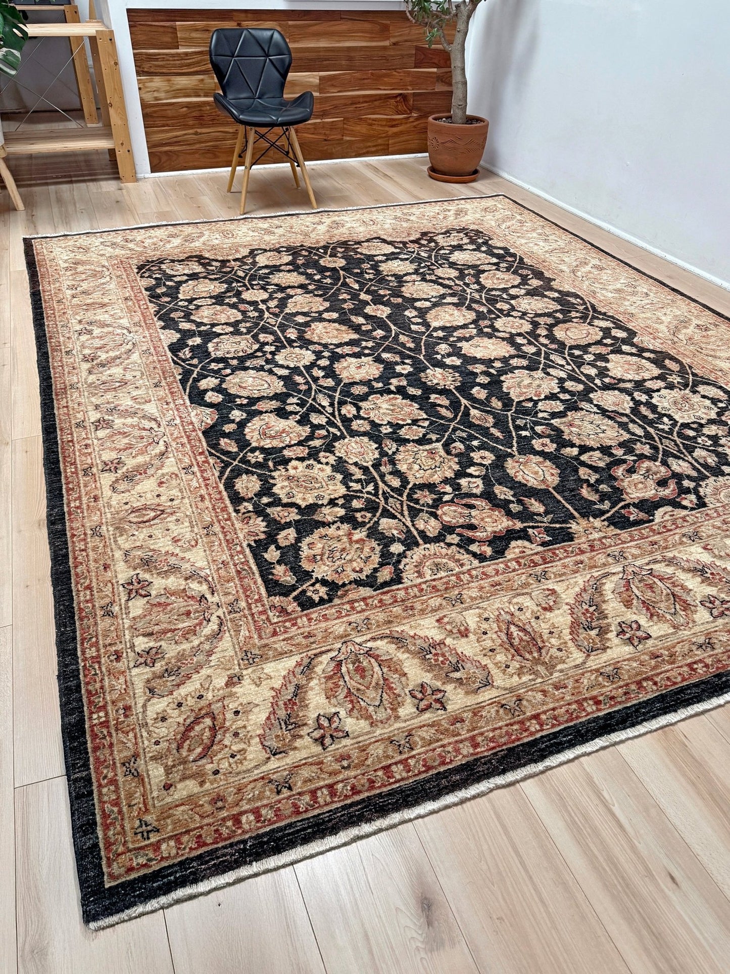 Handmade 8x10 Turkish Oushak Floral  Rug – Espresso Brown & Ivory – Best Rug Shop in Burlingame, SF Bay Area – Vintage-Inspired, High-Quality Wool Rug for Bedroom, Living Room, Dining Room – Free Shipping.