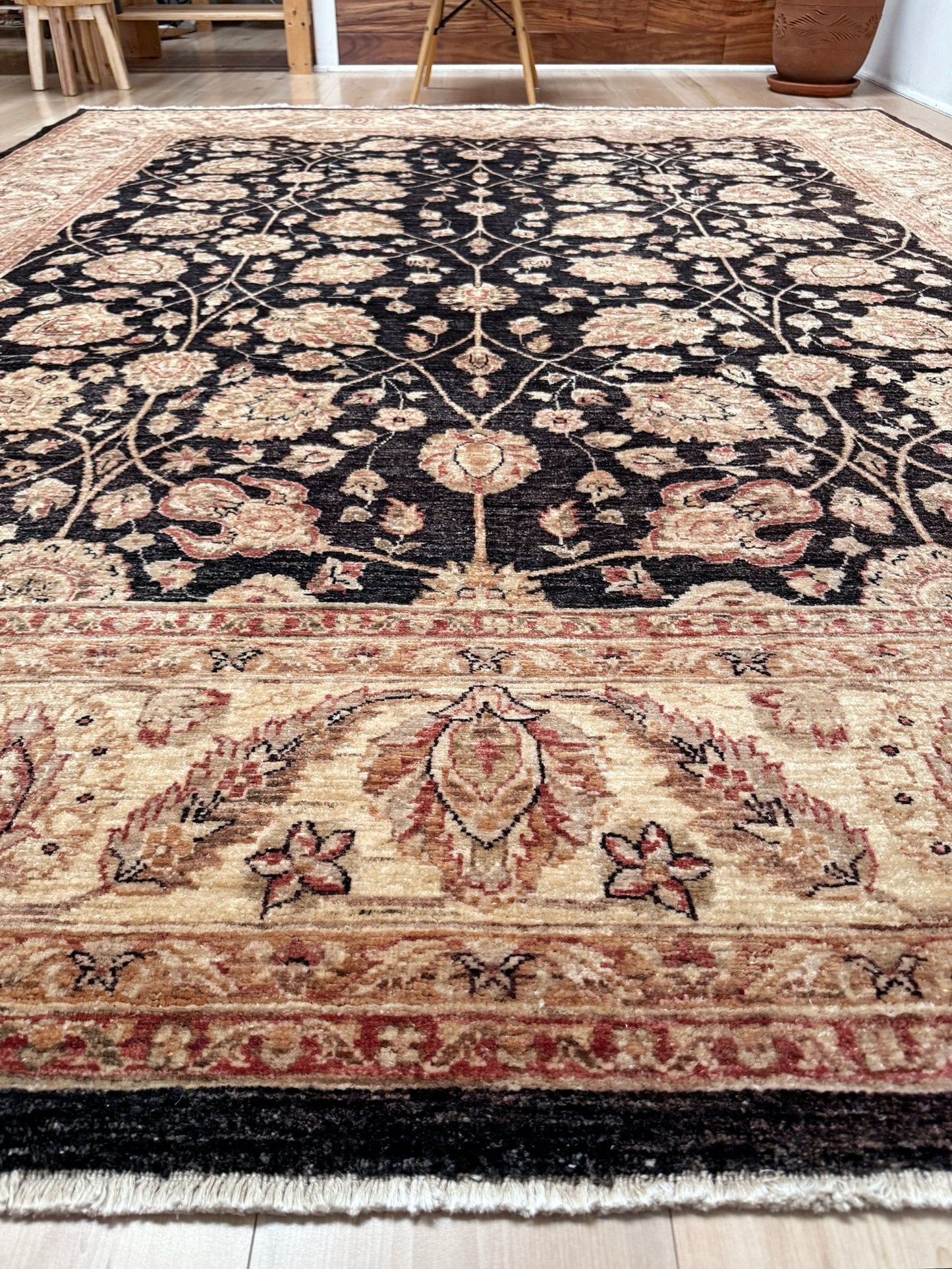 Handmade 8x10 Turkish Oushak Floral  Rug – Espresso Brown & Ivory – Best Rug Shop in Burlingame, SF Bay Area – Vintage-Inspired, High-Quality Wool Rug for Bedroom, Living Room, Dining Room – Free Shipping.
