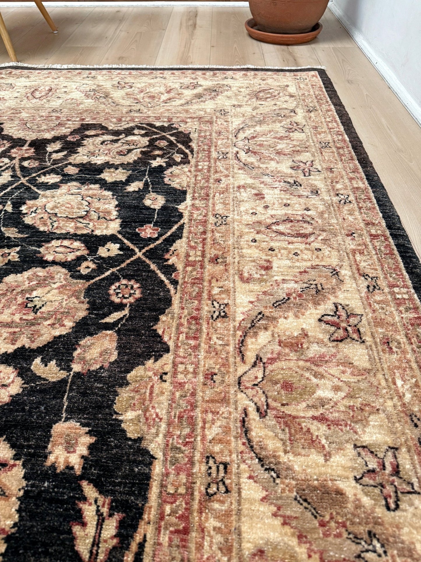 Handmade 8x10 Turkish Oushak Floral  Rug – Espresso Brown & Ivory – Best Rug Shop in Burlingame, SF Bay Area – Vintage-Inspired, High-Quality Wool Rug for Bedroom, Living Room, Dining Room – Free Shipping.