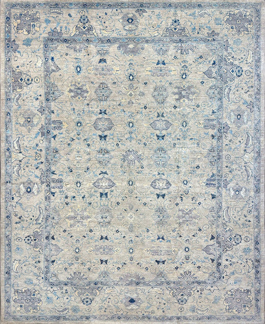 Neutral transitional handmade 8x10 rug with muted gray, ivory, and layered blue tones. Soft Sultanabad-inspired floral motifs, perfect for living rooms, dining spaces, or bedrooms. Contemporary yet timeless, from a rug shop in Burlingame, San Francisco Bay Area, CA with free shipping.