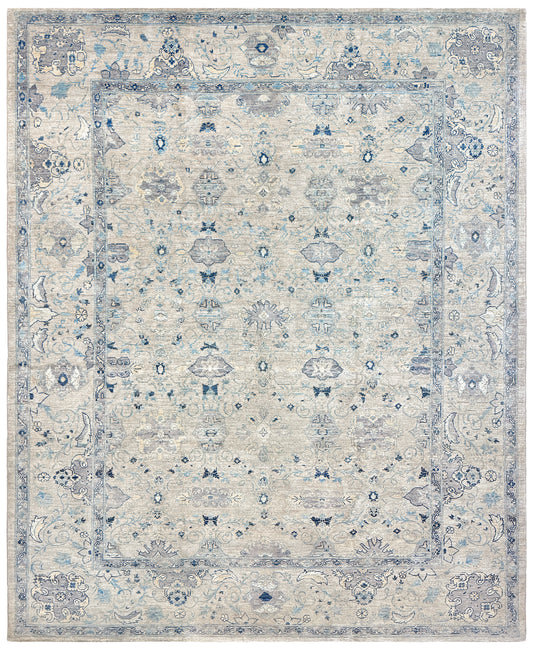 Neutral blue Oushak Turkish rug with ivory and pale blue-gray field, soft floral motifs, muted border, beige and deeper blue accents, handmade wool 8x10 from Indigo Rugs Burlingame Bay Area.