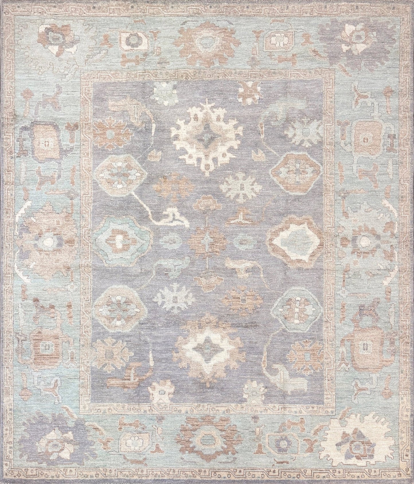 8x10 handmade Turkish Oushak rug in slate gray with aqua and beige accents, transitional design for modern or classic home décor. Perfect for living room, dining room, or bedroom. Indigo Rugs – Burlingame SF Bay Area. Free shipping.