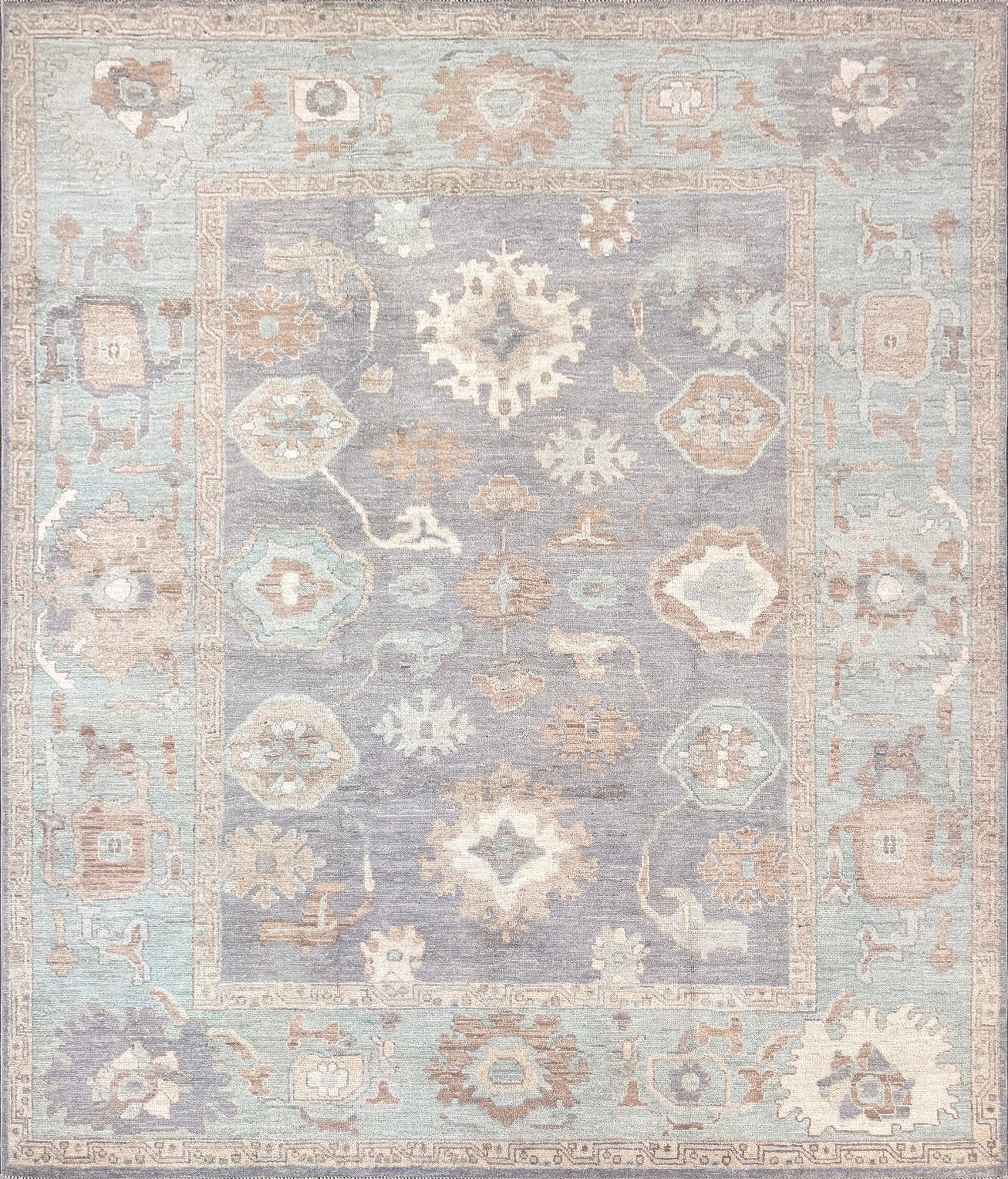 8x10 handmade Turkish Oushak rug in slate gray with aqua and beige accents, transitional design for modern or classic home décor. Perfect for living room, dining room, or bedroom. Indigo Rugs – Burlingame SF Bay Area. Free shipping.