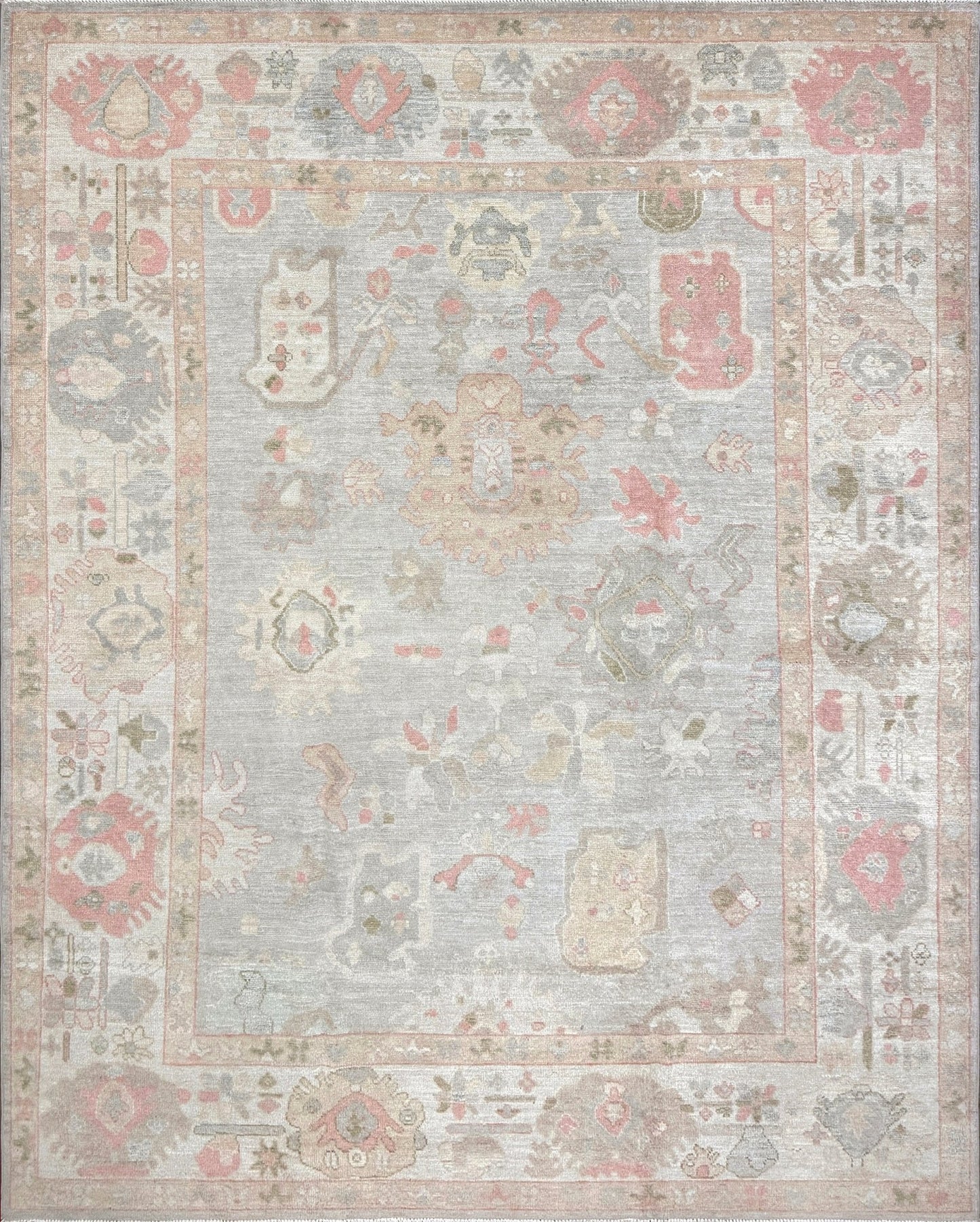 8x10 handmade Turkish Oushak rug with muted silver-gray and blush palette, transitional design perfect for living room, bedroom, or dining room décor. Available at Indigo Rugs, Burlingame – best rug shop in the SF Bay Area. Free shipping.