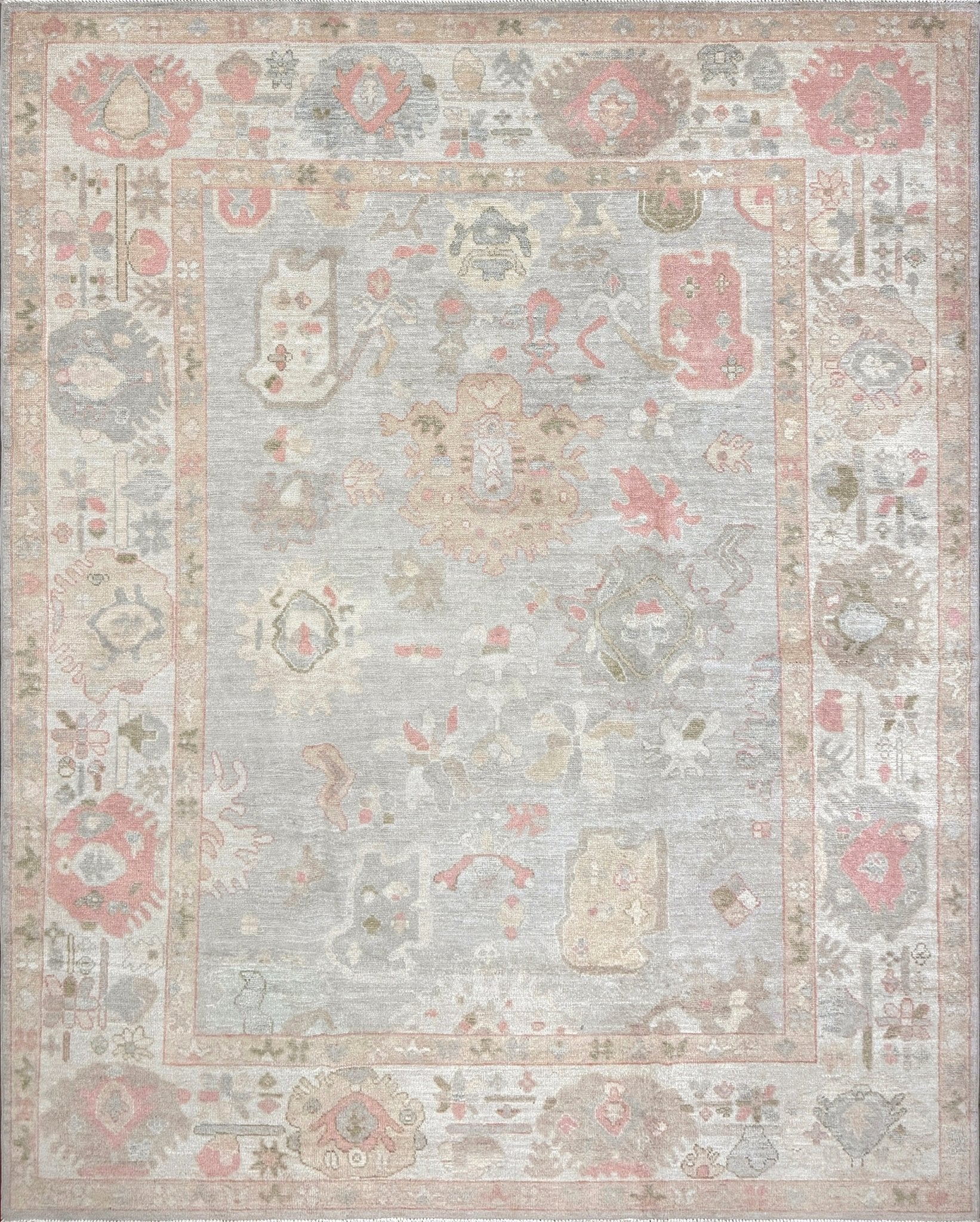 8x10 handmade Turkish Oushak rug with muted silver-gray and blush palette, transitional design perfect for living room, bedroom, or dining room décor. Available at Indigo Rugs, Burlingame – best rug shop in the SF Bay Area. Free shipping.