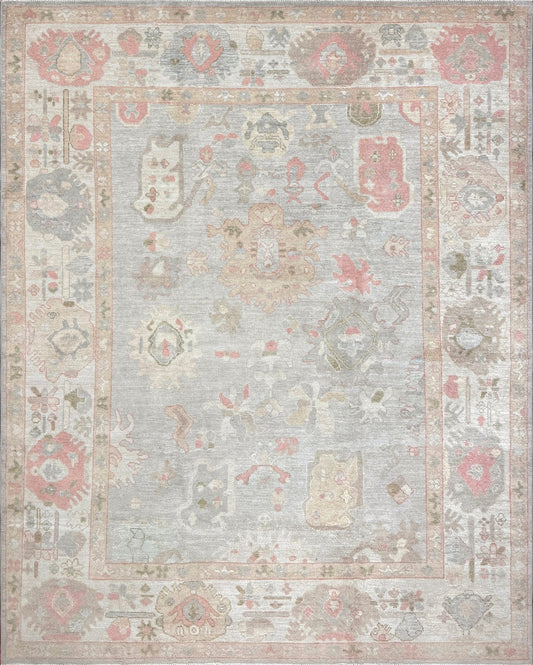 8x10 handmade Turkish Oushak rug with muted silver-gray and blush palette, transitional design perfect for living room, bedroom, or dining room décor. Available at Indigo Rugs, Burlingame – best rug shop in the SF Bay Area. Free shipping.