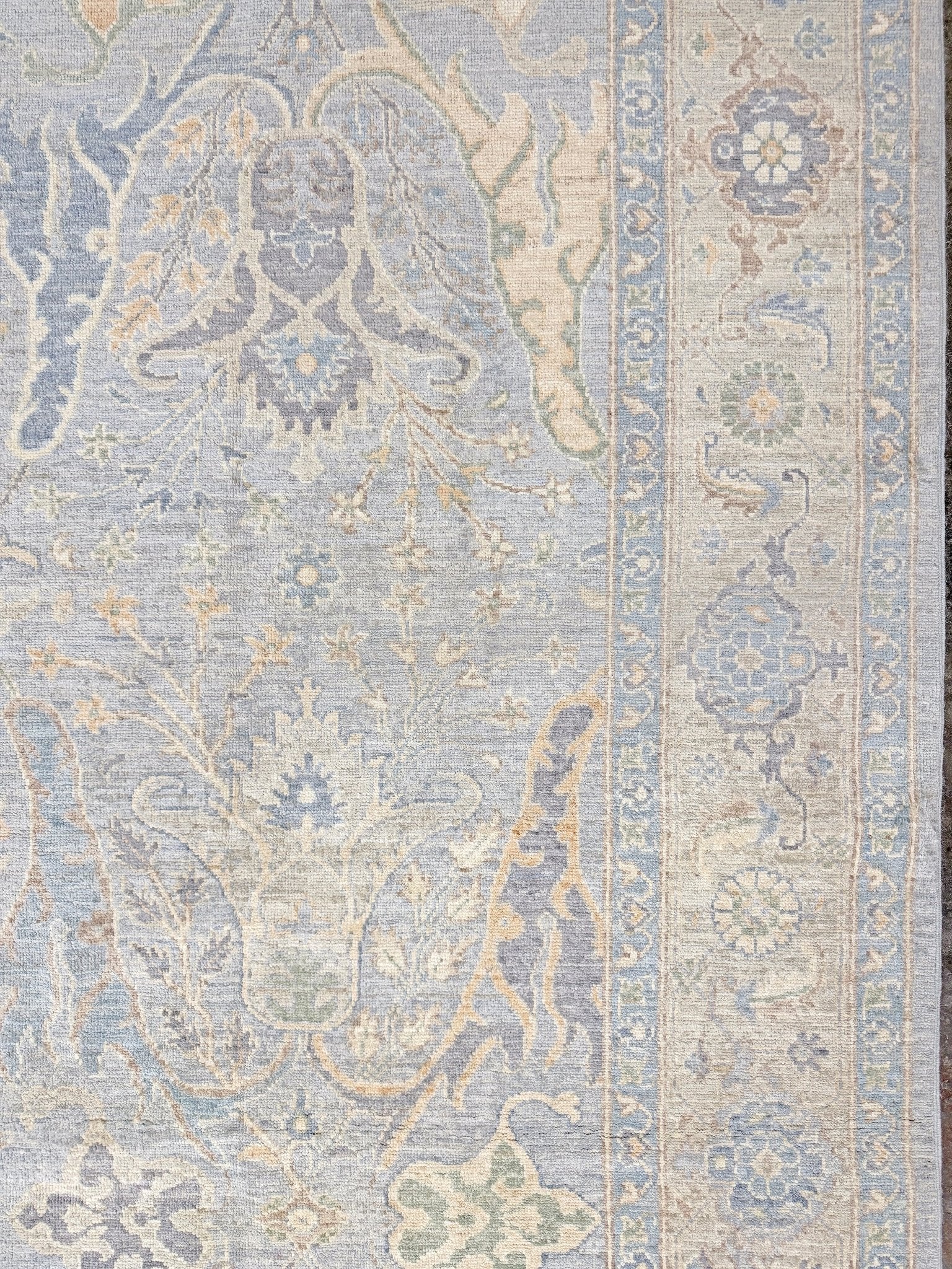 8x10 handmade transitional Bijar design rug in muted blue and gray tones with ivory, sage, wheat, and navy accents. Neutral, calming, and elegant—perfect for modern, coastal, or rustic home décor. Available from Indigo Rugs, a handmade rug shop in Burlingame, San Francisco Bay Area, CA. Free shipping in the U.S.