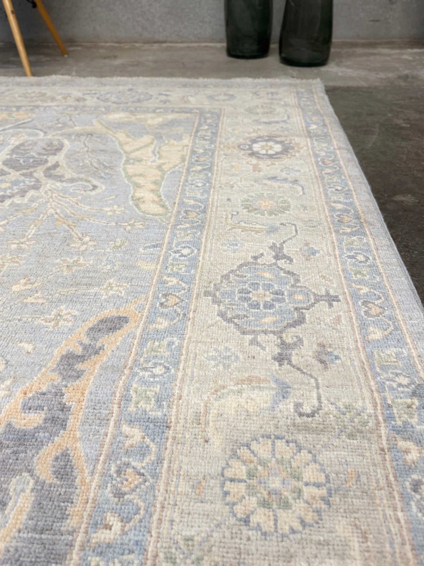 8x10 handmade transitional Bijar design rug in muted blue and gray tones with ivory, sage, wheat, and navy accents. Neutral, calming, and elegant—perfect for modern, coastal, or rustic home décor. Available from Indigo Rugs, a handmade rug shop in Burlingame, San Francisco Bay Area, CA. Free shipping in the U.S.