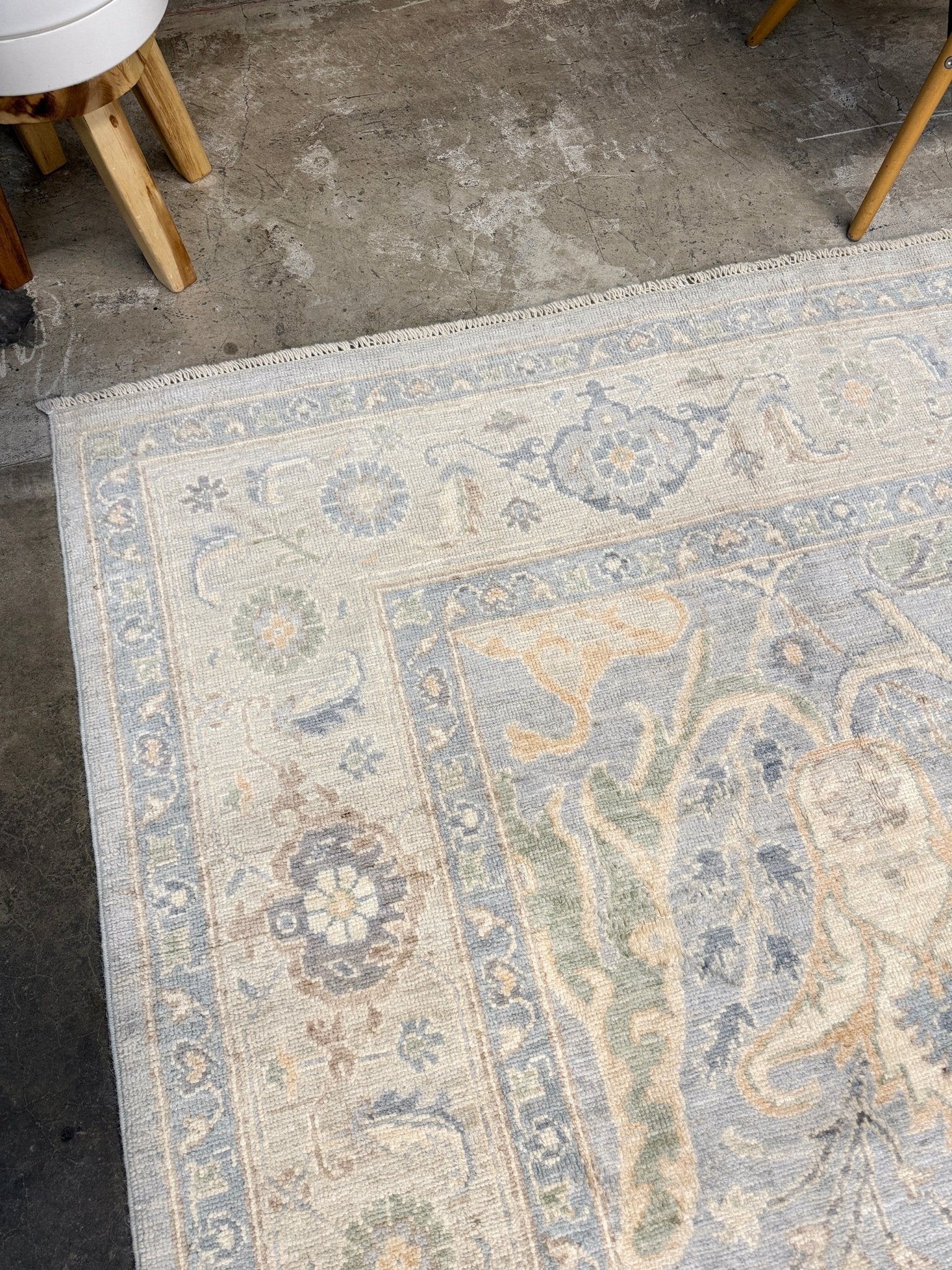 8x10 handmade transitional Bijar design rug in muted blue and gray tones with ivory, sage, wheat, and navy accents. Neutral, calming, and elegant—perfect for modern, coastal, or rustic home décor. Available from Indigo Rugs, a handmade rug shop in Burlingame, San Francisco Bay Area, CA. Free shipping in the U.S.