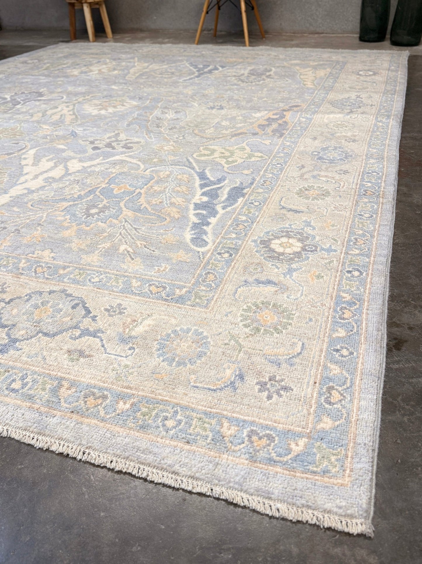 8x10 handmade transitional Bijar design rug in muted blue and gray tones with ivory, sage, wheat, and navy accents. Neutral, calming, and elegant—perfect for modern, coastal, or rustic home décor. Available from Indigo Rugs, a handmade rug shop in Burlingame, San Francisco Bay Area, CA. Free shipping in the U.S.